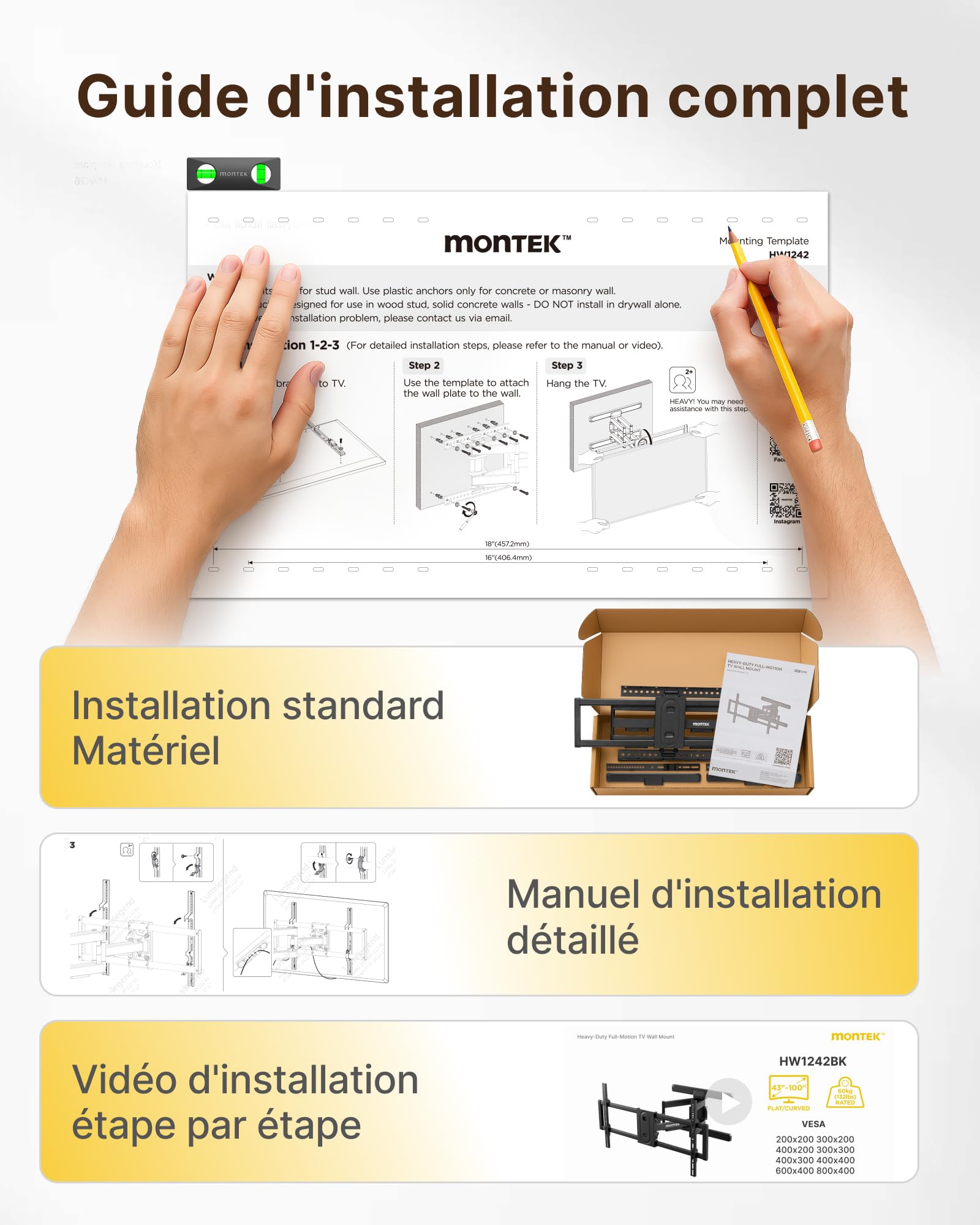 monTEK Support TV Mural 43 à 95",VESA 800x400mm Max,Charge Max 60 kg