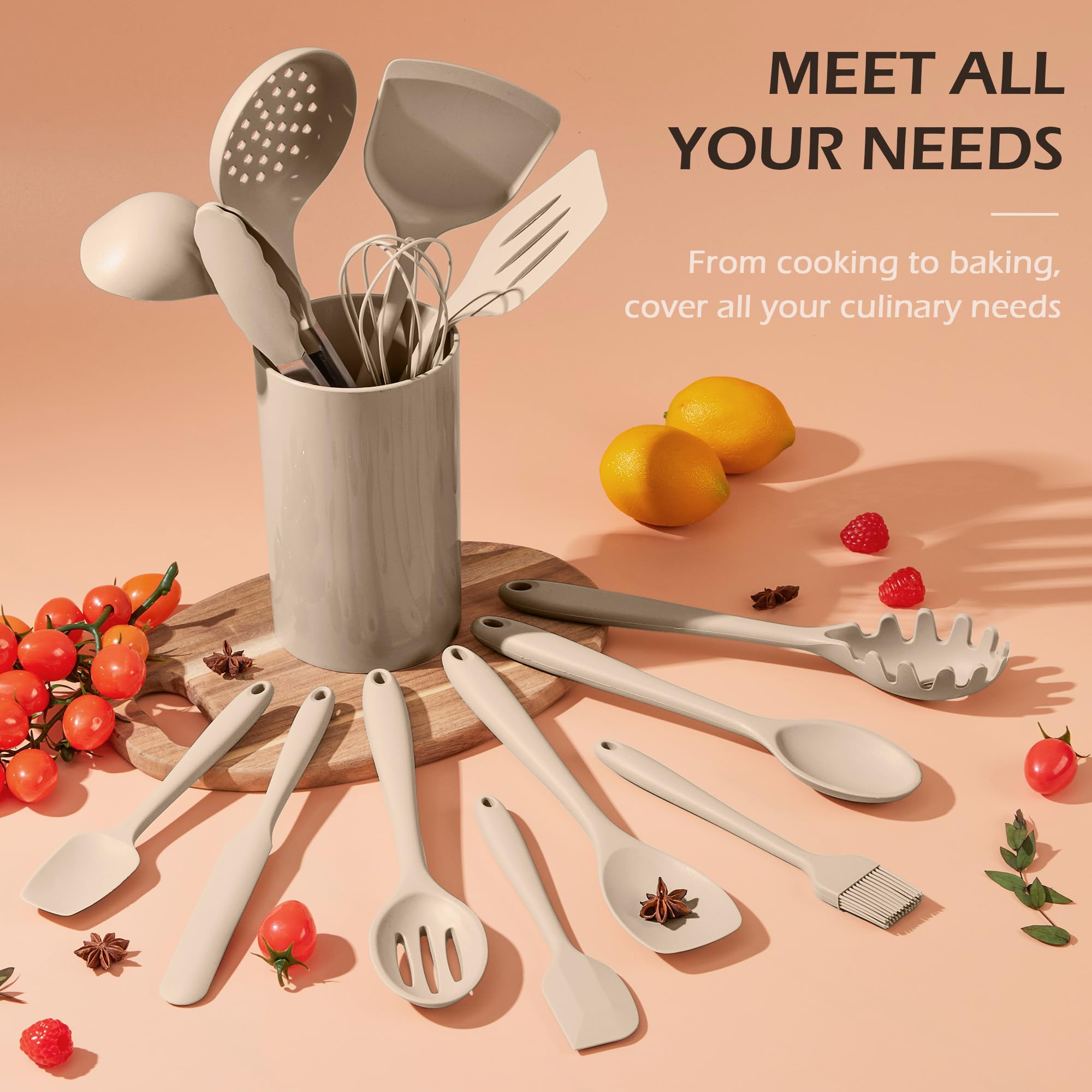 Homikit Küchenutensilien-Set mit Halter, hitzebeständig, lebensmittelechtes Silikon, inklusive Schlitzspatel, Schöpflöffel, Pfannenwender für antihaftbeschichtetes Kochgeschirr, spülmaschinenfest