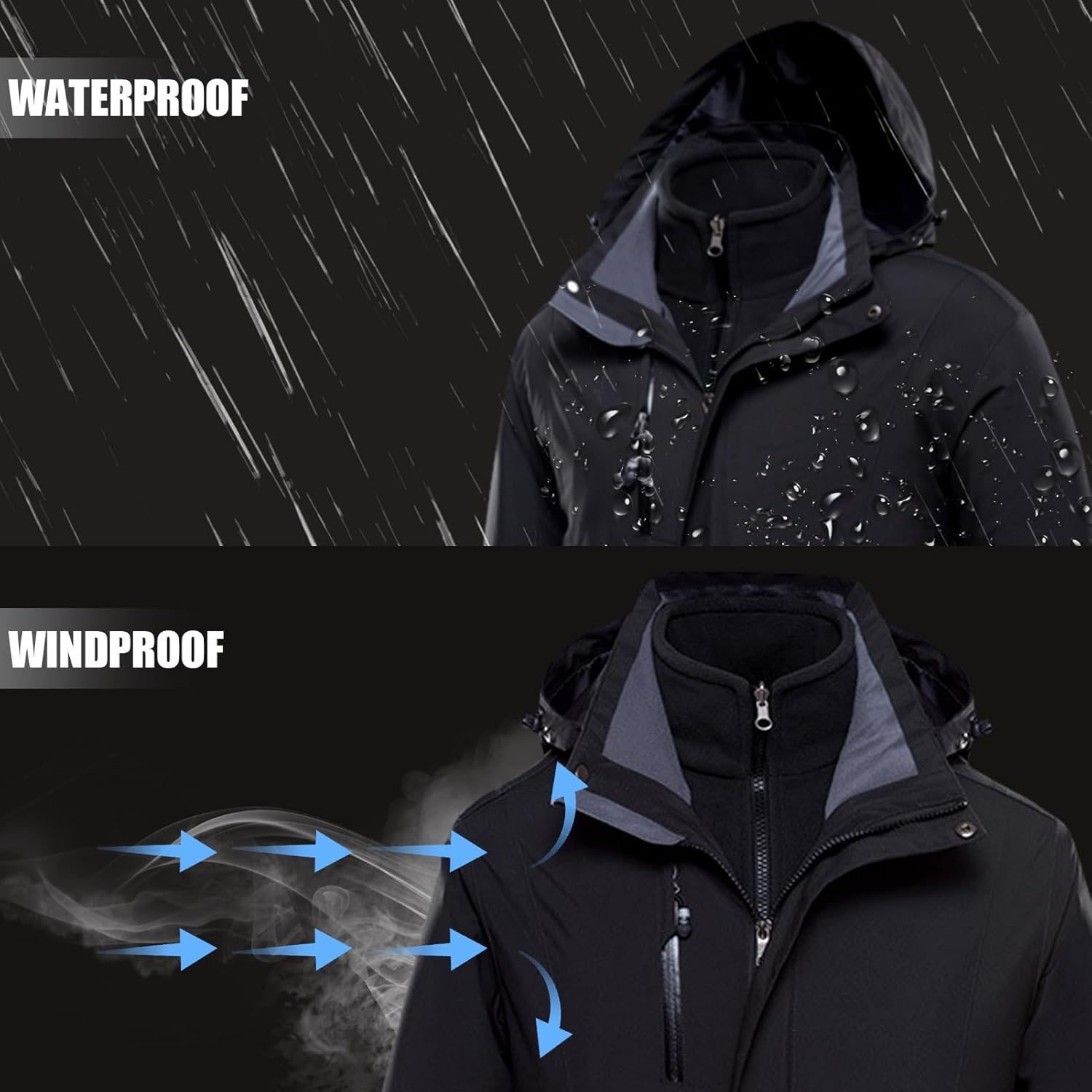 Men's Waterproof 3-in-1 Waterproof Ski Snow Jacket Windproof Hooded with Inner Warm Fleece Coat Rain Jacket