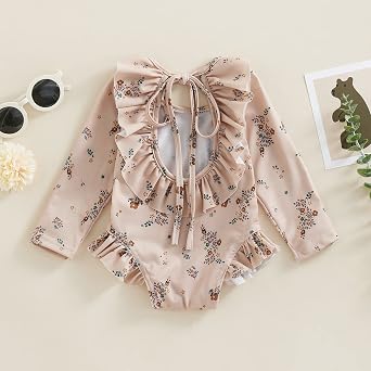 ZAXARRA Little Baby Girls Swimsuit One Piece Rash Guard Long Sleeve Zipper Ruffle Bathing Suit Toddler Summer Clothes