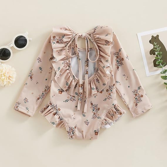 ZAXARRA Little Baby Girls Swimsuit One Piece Rash Guard Long Sleeve Zipper Ruffle Bathing Suit Toddler Summer Clothes