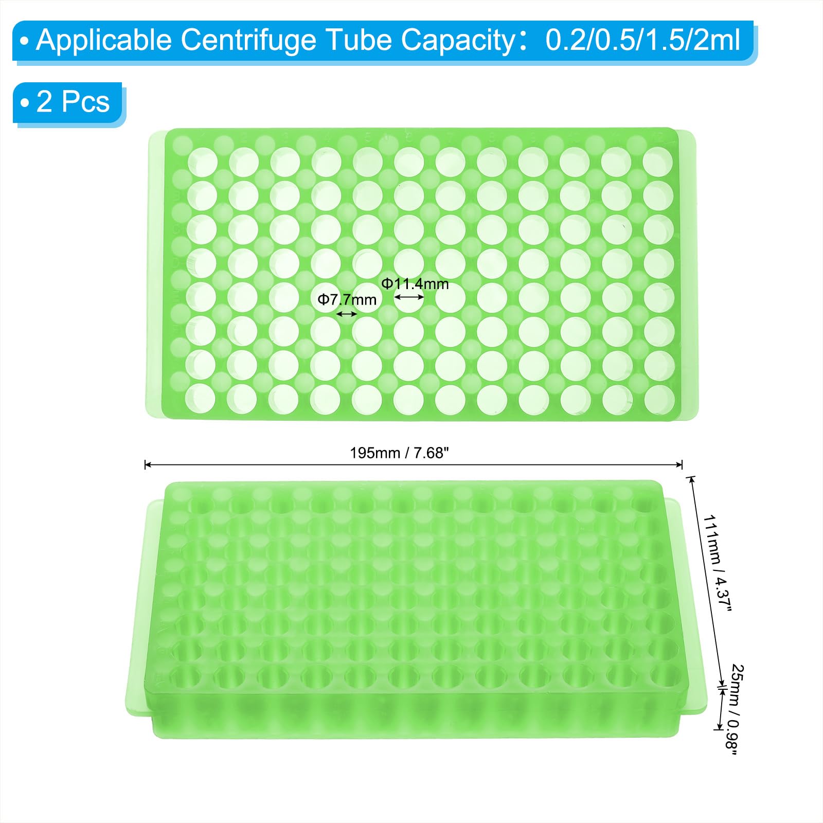 PATIKIL Portoir À 96 Puits, 2pcs Portoir À Fioles Double Panneau Support Pour Tubes De Centrifugeuse Pour Microtubes 0.2/0.5/1.5/2ml, Vert