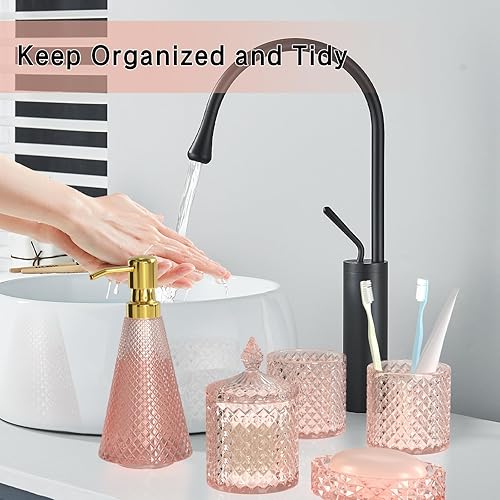 Miniatura 3 de Juego de 5 accesorios de baño rosa elegante, moderno de cristal de alta calidad, organizador de tocador, dispensador de loción, jabonera, vaso,