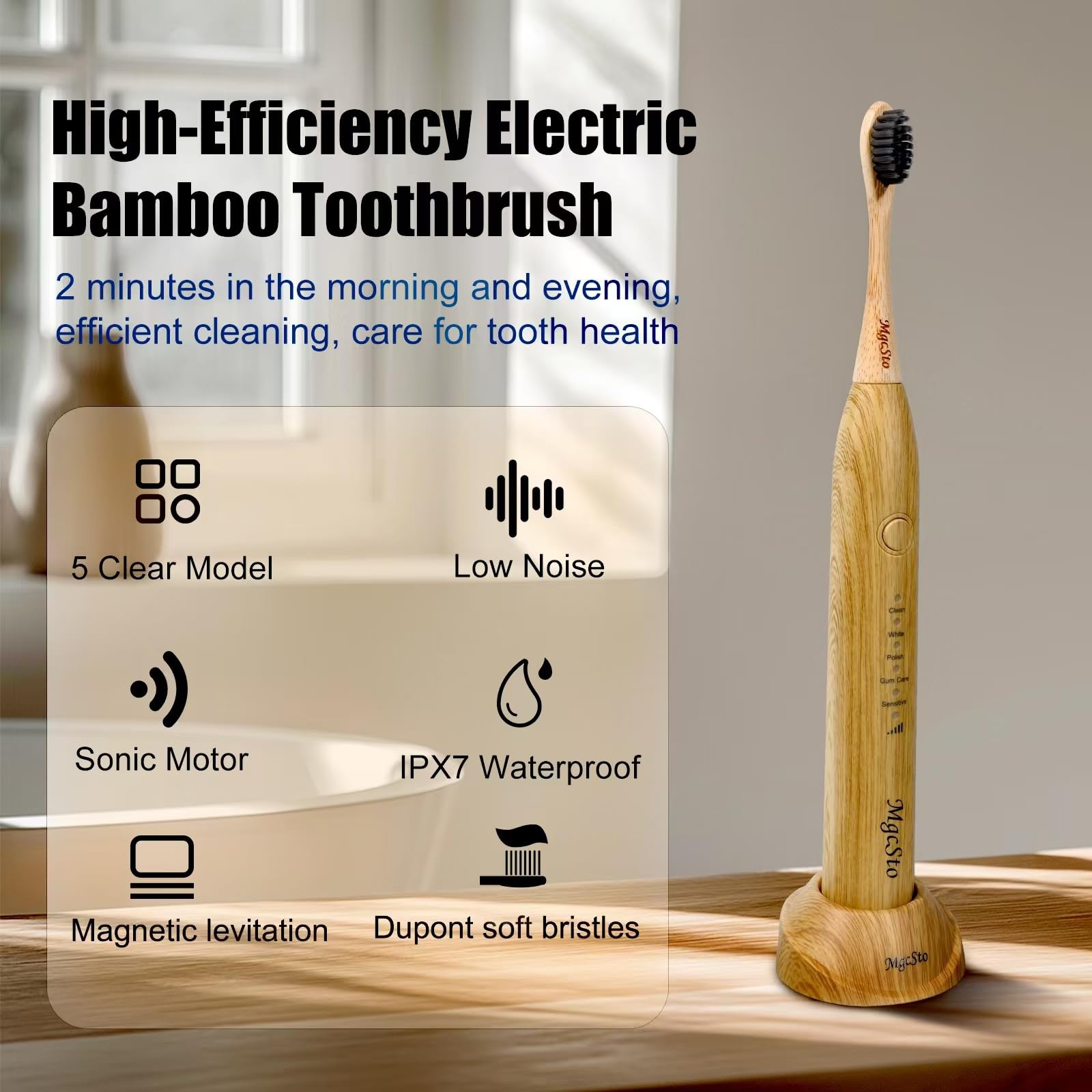 Spazzolino da denti elettrico in bambù, 4 testine sostituibili in bambù, ecologico, IPX7, impermeabile, con interruttore a un pulsante e cinque modalità