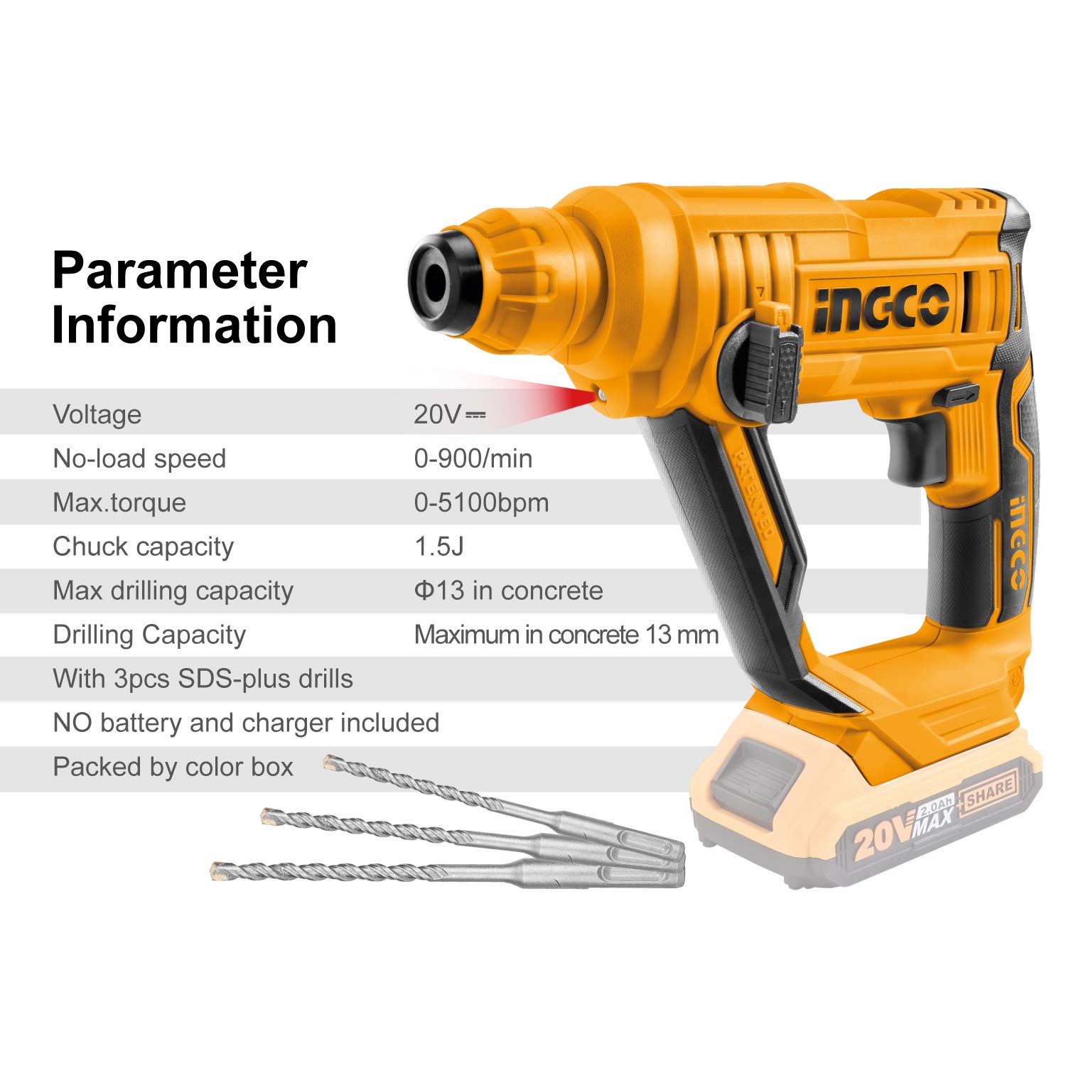 Martillo Perforador Inalámbrica INGCO 20V 4.0 Ah Batería Professional con 3 brocas SDS-Plus, 1.5J Φ13 máxi en hormigón, 2 en 1 rotación, luz LED