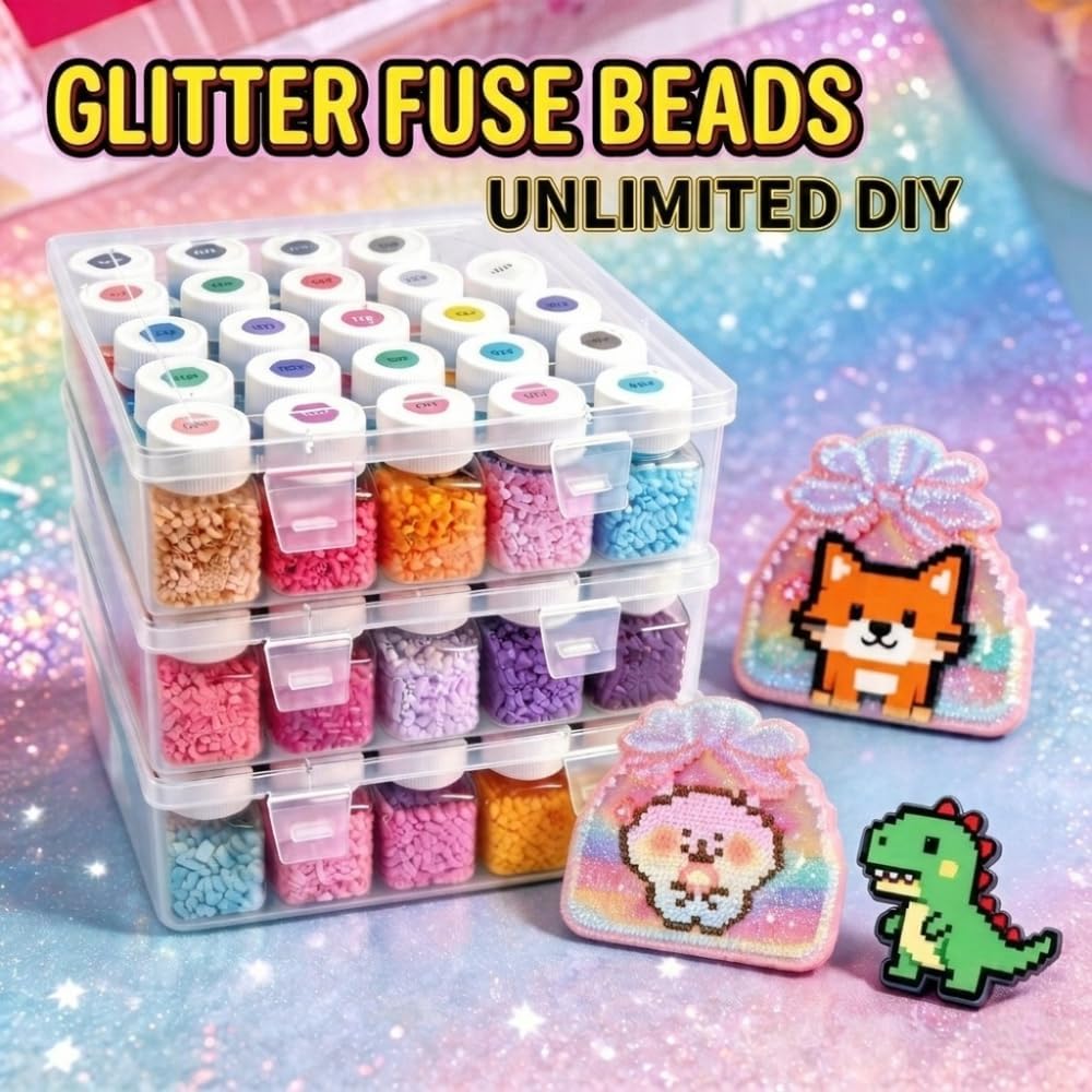 48 Colors DIY Bottled Fuse Beads Set, Premium Crafts Fusion Beads Kit with 2 Large Storage Boxes, Glitter Fabric, Ironing Paper & Tool Accessories for Handmade Arts Projects - High Fidelity Colors
