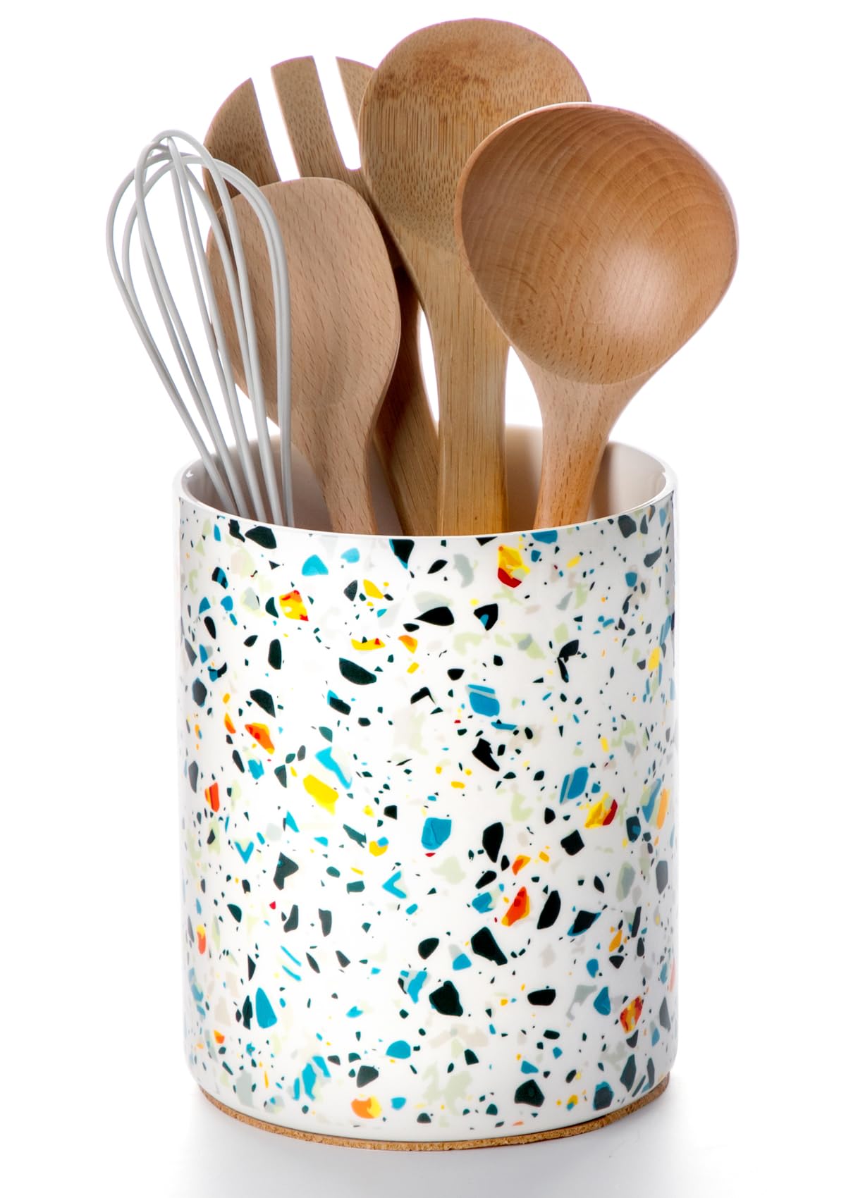 Nucookery Utensil Holder, 6.4" Ceramic Kitchen Utensil Holder for Countertop with Protection Cork Bottom, Vintage Farmhouse Kitchen Decor for Counter,