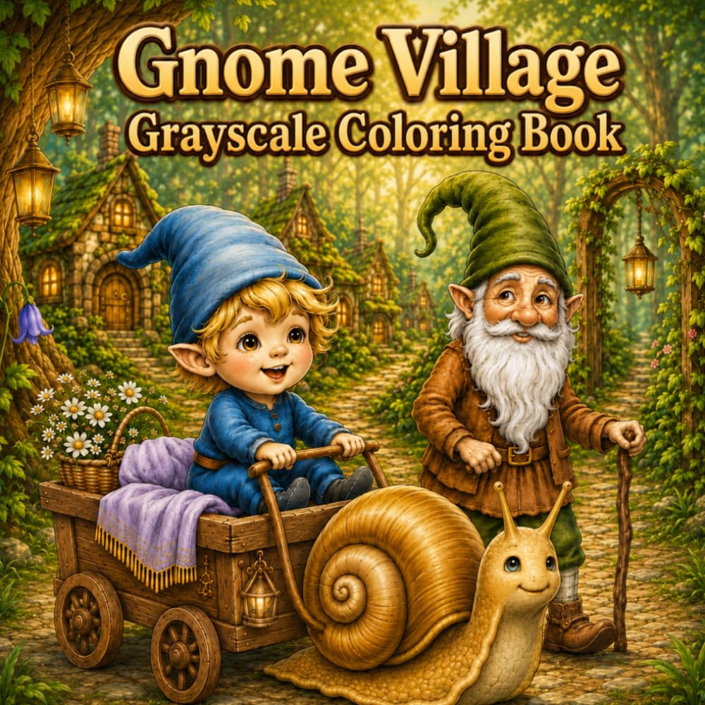 Gnome Village Grayscale Coloring Book: 50 Cozy Grayscale Scenes of Gnome Village Life for Adults and Teens Stress Relief, Relaxation, and Creative Escape (Cozy Gnome Village Coloring Collection)