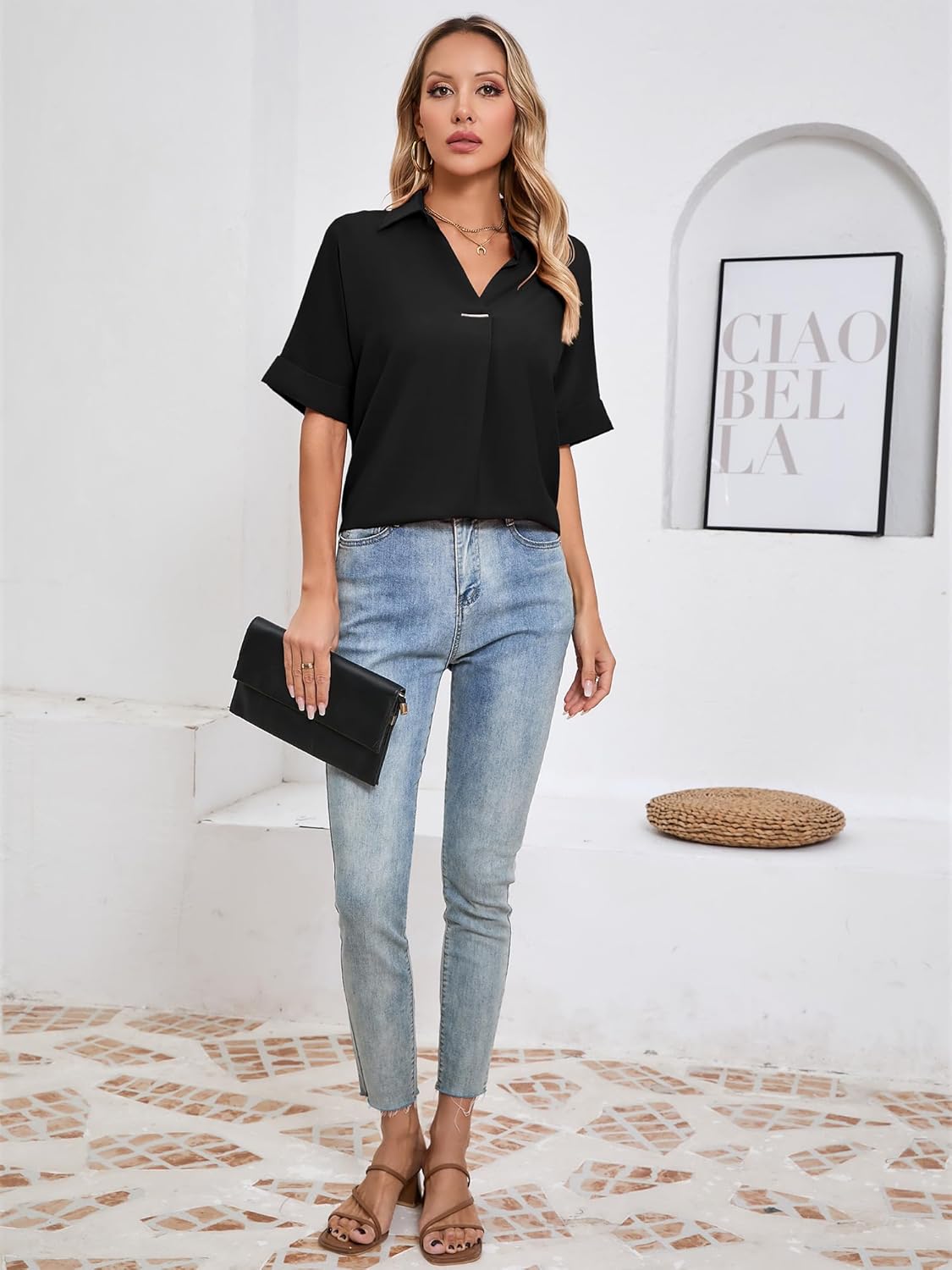 Women's Casual Blouse Loose Fit Short Sleeve Shirt V-Neck Collared Top, Dressy Work Blouse for Office Black S - Image 3