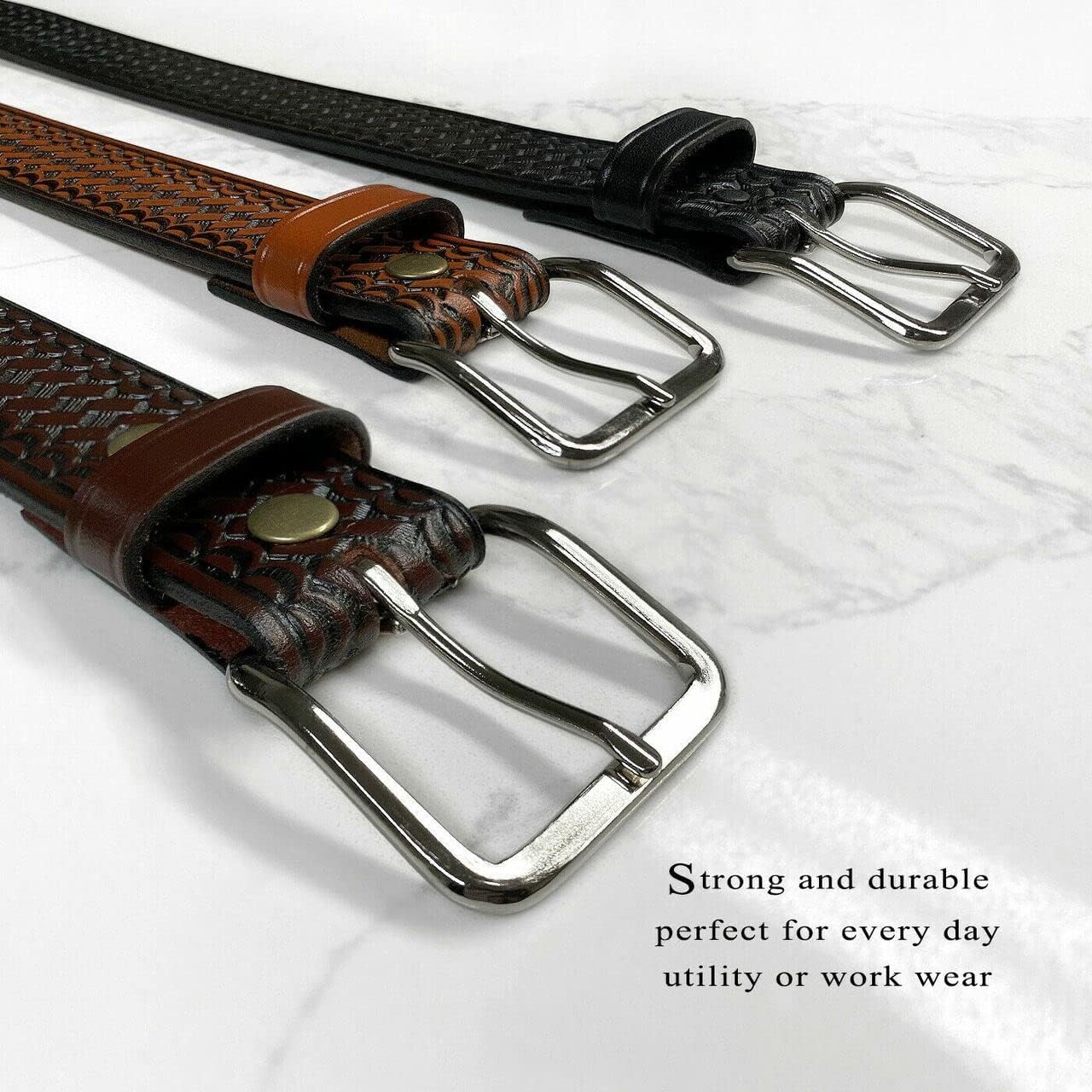 Utility Uniform Work Belt Basketweave Embossed One Piece Full Grain Belt 1 1/2"(38mm) Wide or Replacement Strap - Image 3