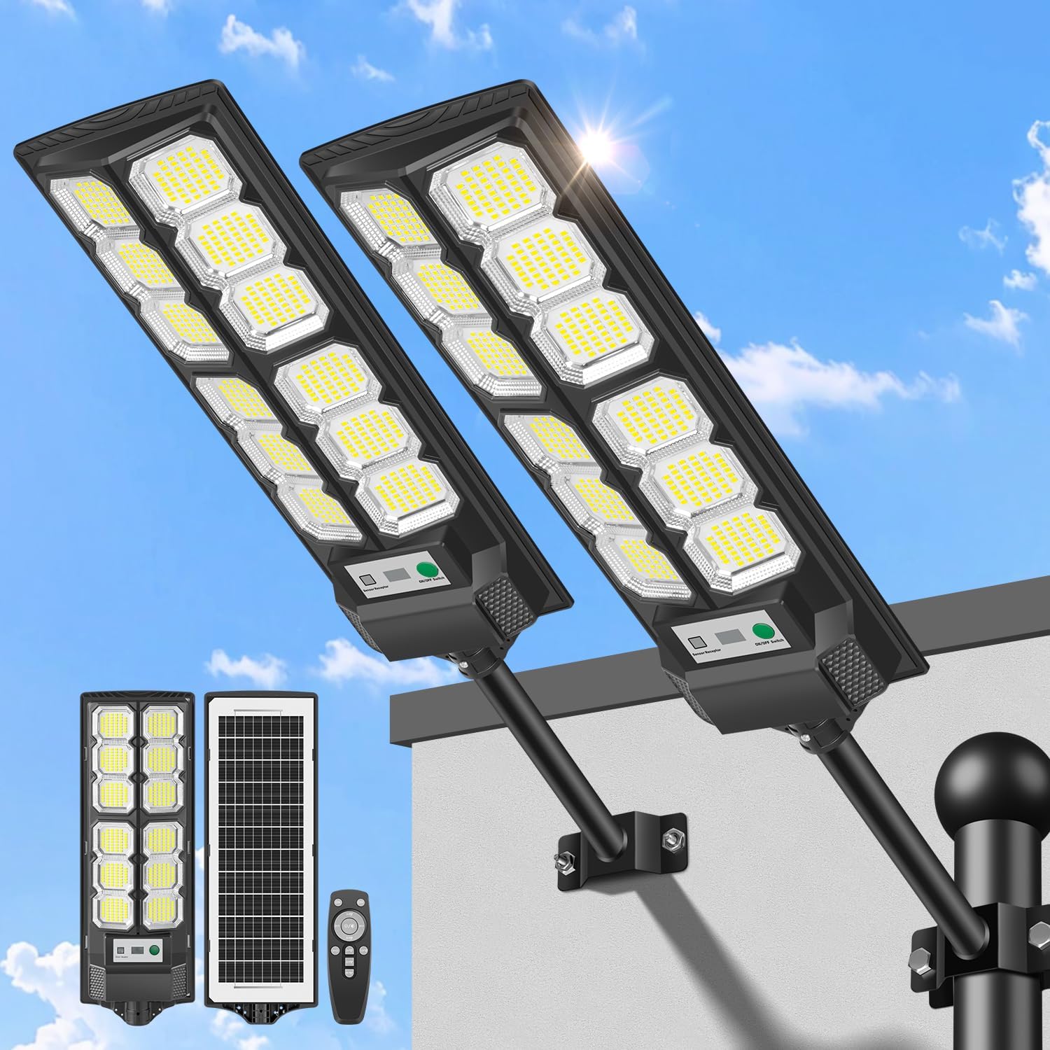 Photo voltaic Avenue Lights Out of doors, 6500K LED Photo voltaic Flood Lights with Movement Sensor, Waterproof Nightfall to Daybreak Photo voltaic Powered Safety Gentle Exterior Vast Angle for Yard Storage Driveway (2 Pack)