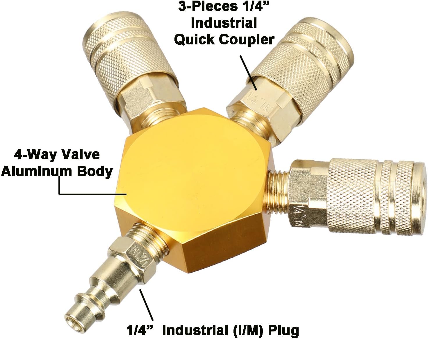 YOTOO 3-Way Air Manifold, Air Hose Splitter with 3 Steel Industrial Quick Connect Couplers and 1/4" NPT Male Industrial Air Plug for connecting air compressor, air hoses and air tools, Gold