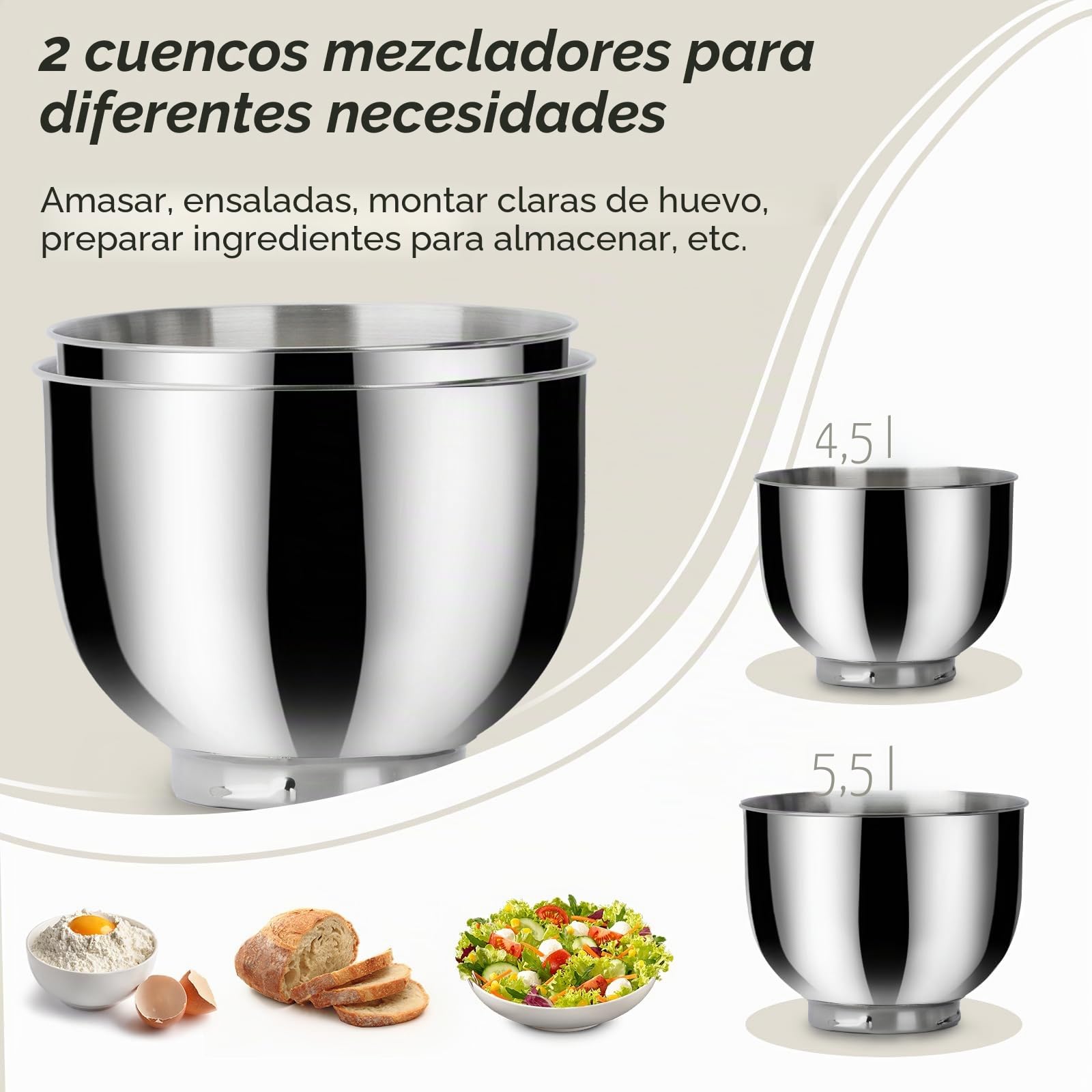 Amasadora CHeflee 1500W Batidora Amasadora,10 Velocidades,3 Funciones,Batidora Planetaria de 360 ​​Grados,con Cuencos de Acero inoxidable de 4,5 L y 5,5 L y Accesorios Para Mezclar y Amasar