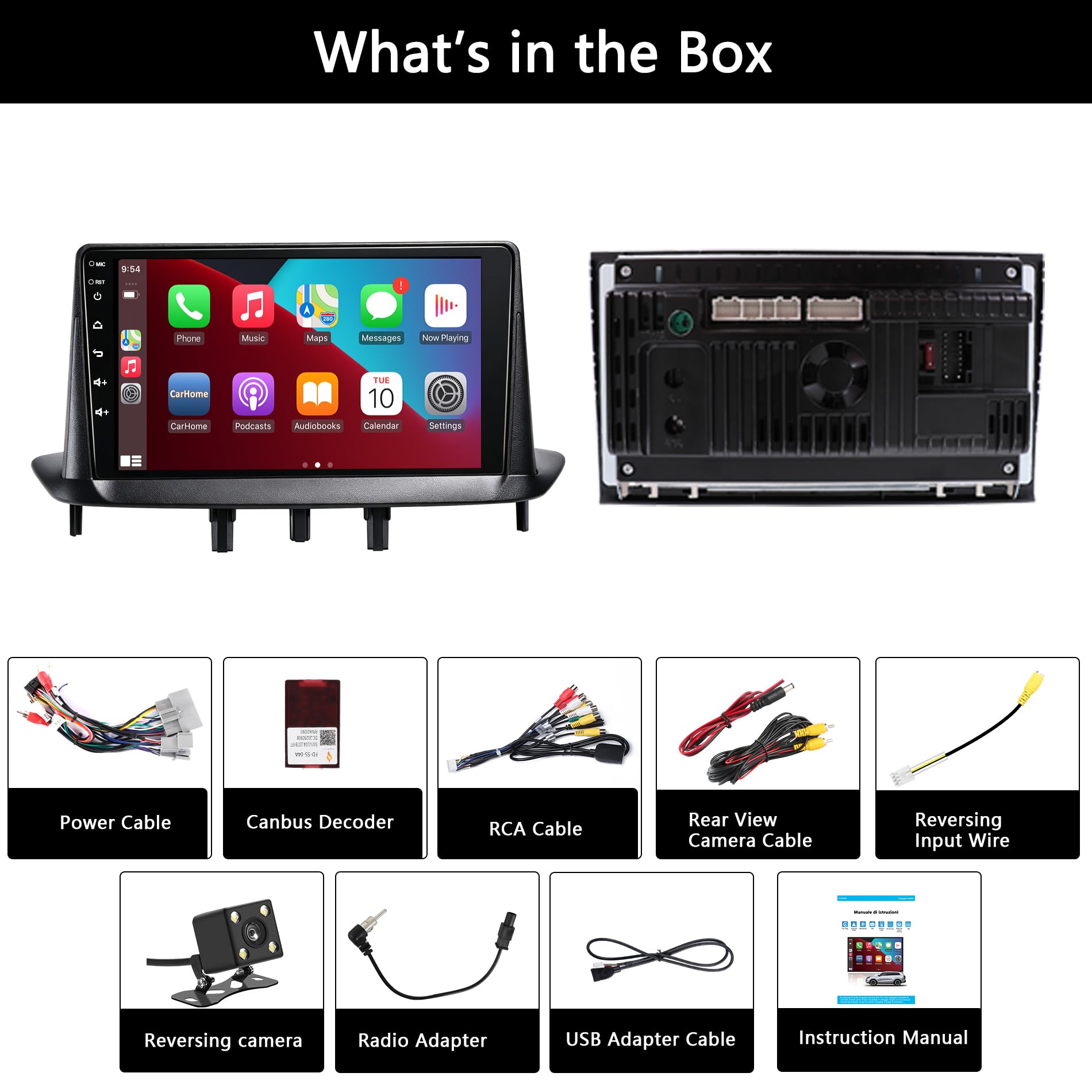 Pantalla carplay Renault Megane 3 2009-2014 con Android Auto y CarPlay Inalámbrico 9 Pantall Estéreo con FM/GPS Navegación/USB/Cámara Trasera/Reproductor Multimedia