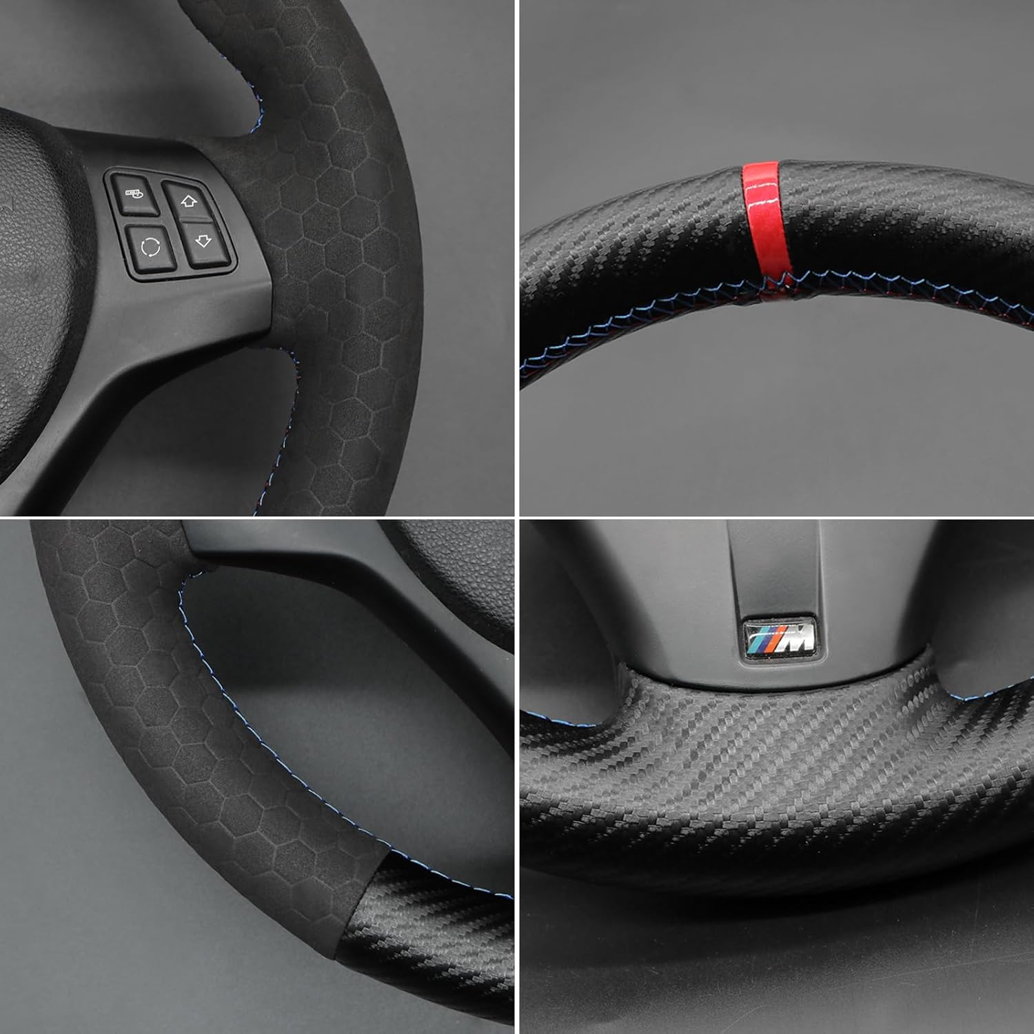 MEWANT Steering Wheel Cover for BMW 1 Series E81 E82 E87 E88 /3 Series E90 E91 E92 E93/ M3 E90 E92 E93Hand Stitch Suede and Carbon Fiber