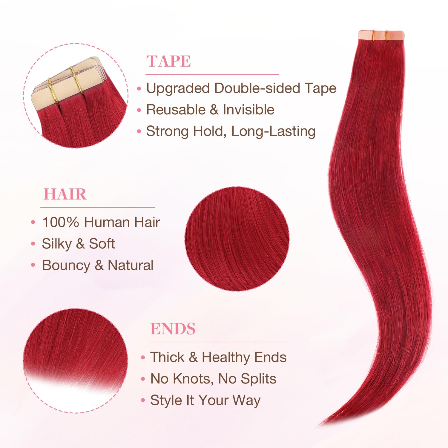 GOO GOO Tape in Hair Extensions Human Hair, Red, 10inch 20g 10pcs, Colored Tape ins Human Hair Extensions, Silky&Soft Invisible, Hair Highlighted for Party thumbnail