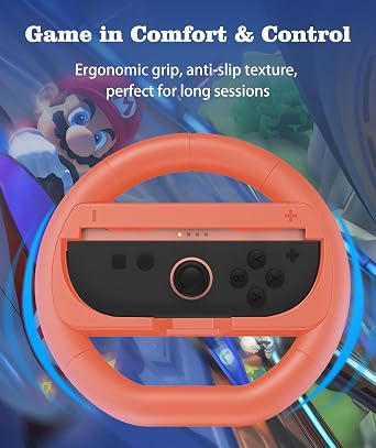 NBCP Racing Steering Wheel 2-Pack for Nintendo Switch 2 Joy-Con Ergonomic Grip, Compatible with Mario Kart 8 Deluxe & More Red & Blue