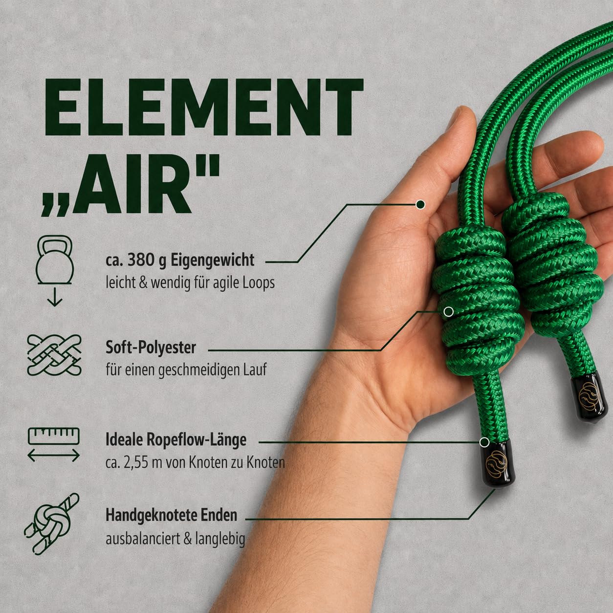 Ropii Rope Flow, corda ponderata in morbido poliestere per mobilità e coordinazione, annodata a mano, 3 pesi: circa 380 g, 500 g, 1 kg, progettata a Berlino