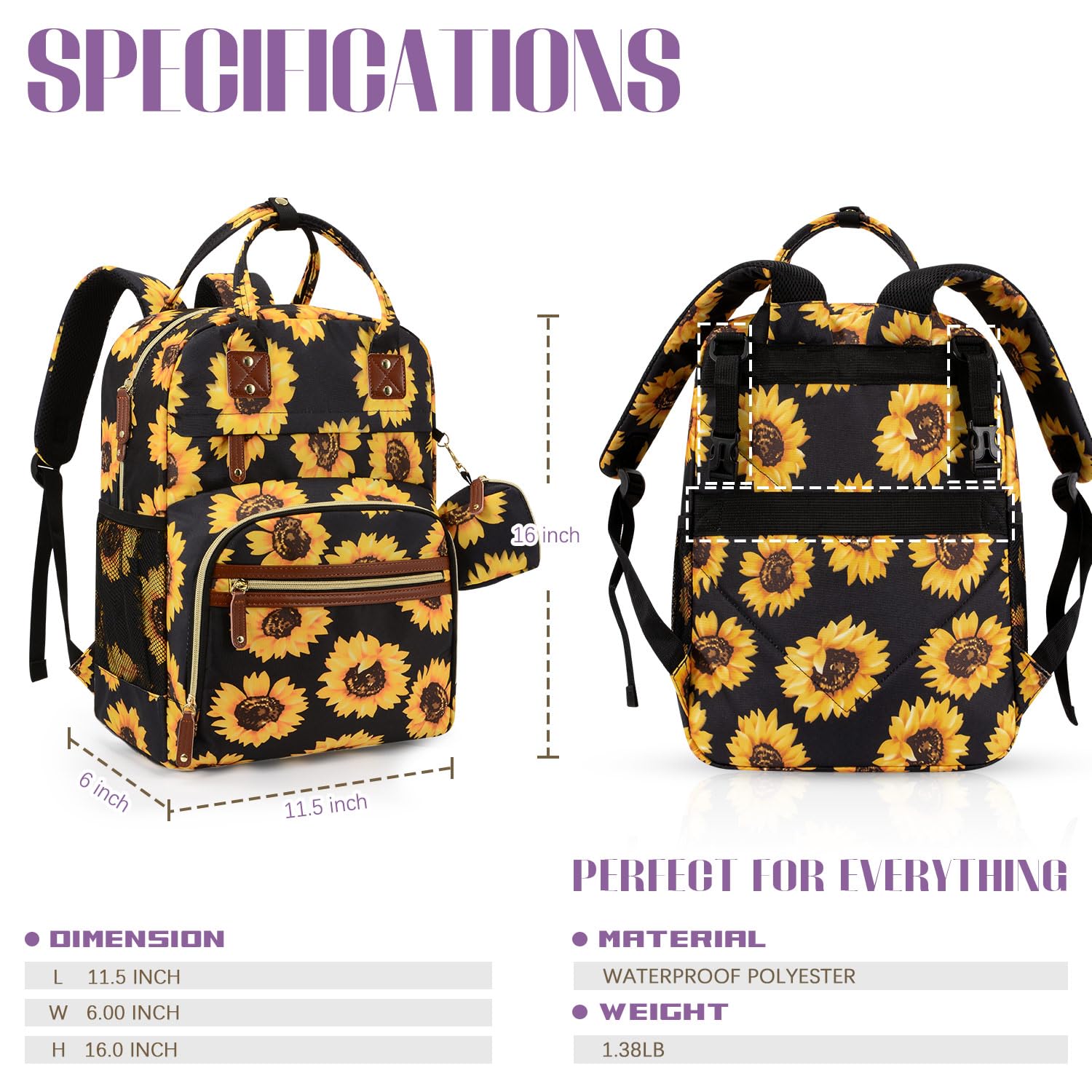 Tuwubi Diaper Bag Backpack, Baby Essentials Travel Tote Bag, Multi function Waterproof Backpacks, Travel Essentials with Stroller Straps & Pacifier Case - Sunflower