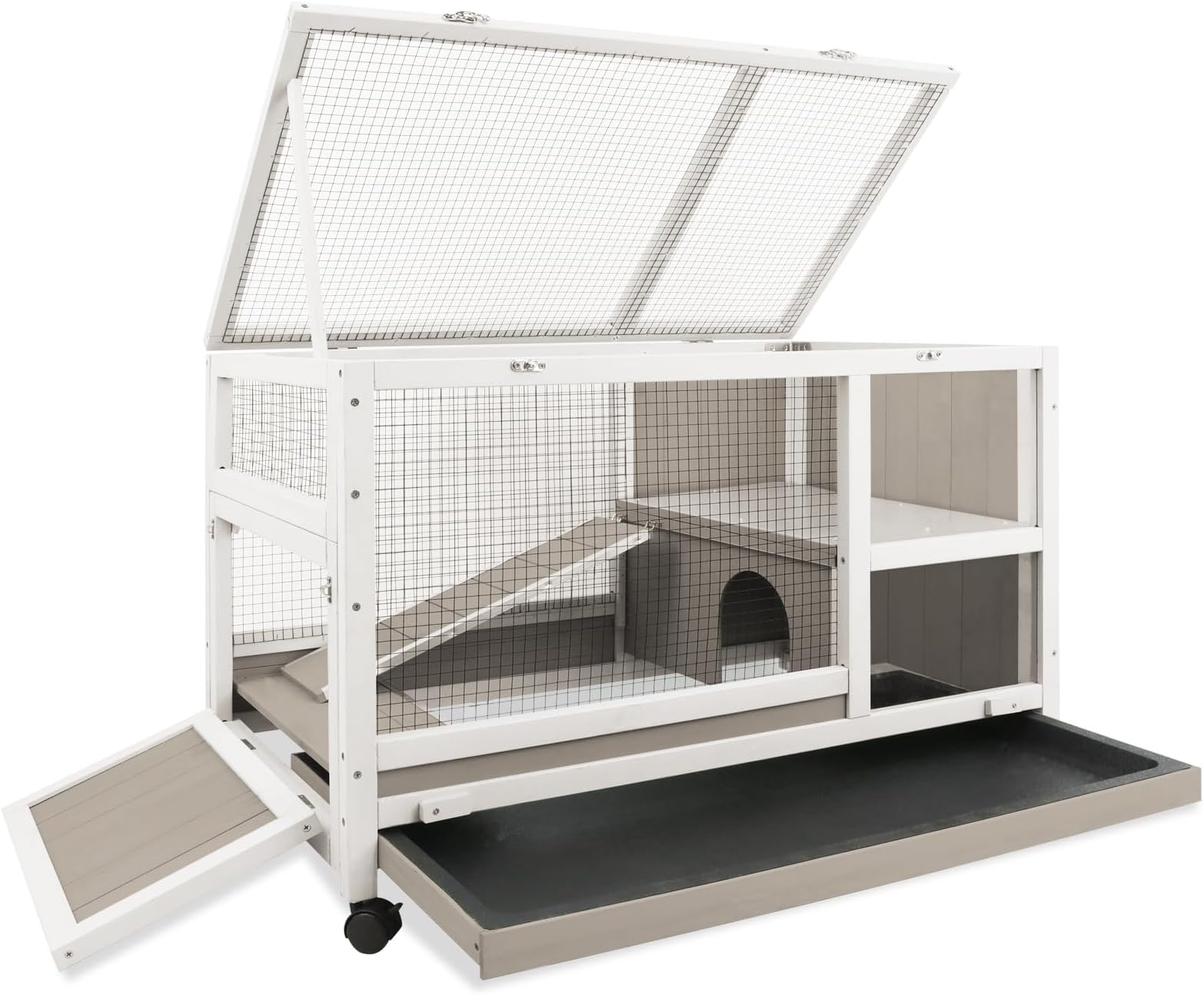 COZIWOW Wooden Indoor Outdoor Rabbit Hutch on Wheels, Small Animal Houses Habitats