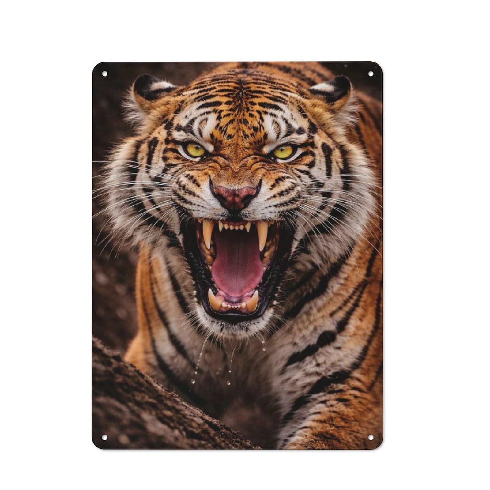 Metal Sign 40x30cm with Fierce Tiger Roaring for Pub Or Café, Retro Decor, Suited to Café Interior Fans