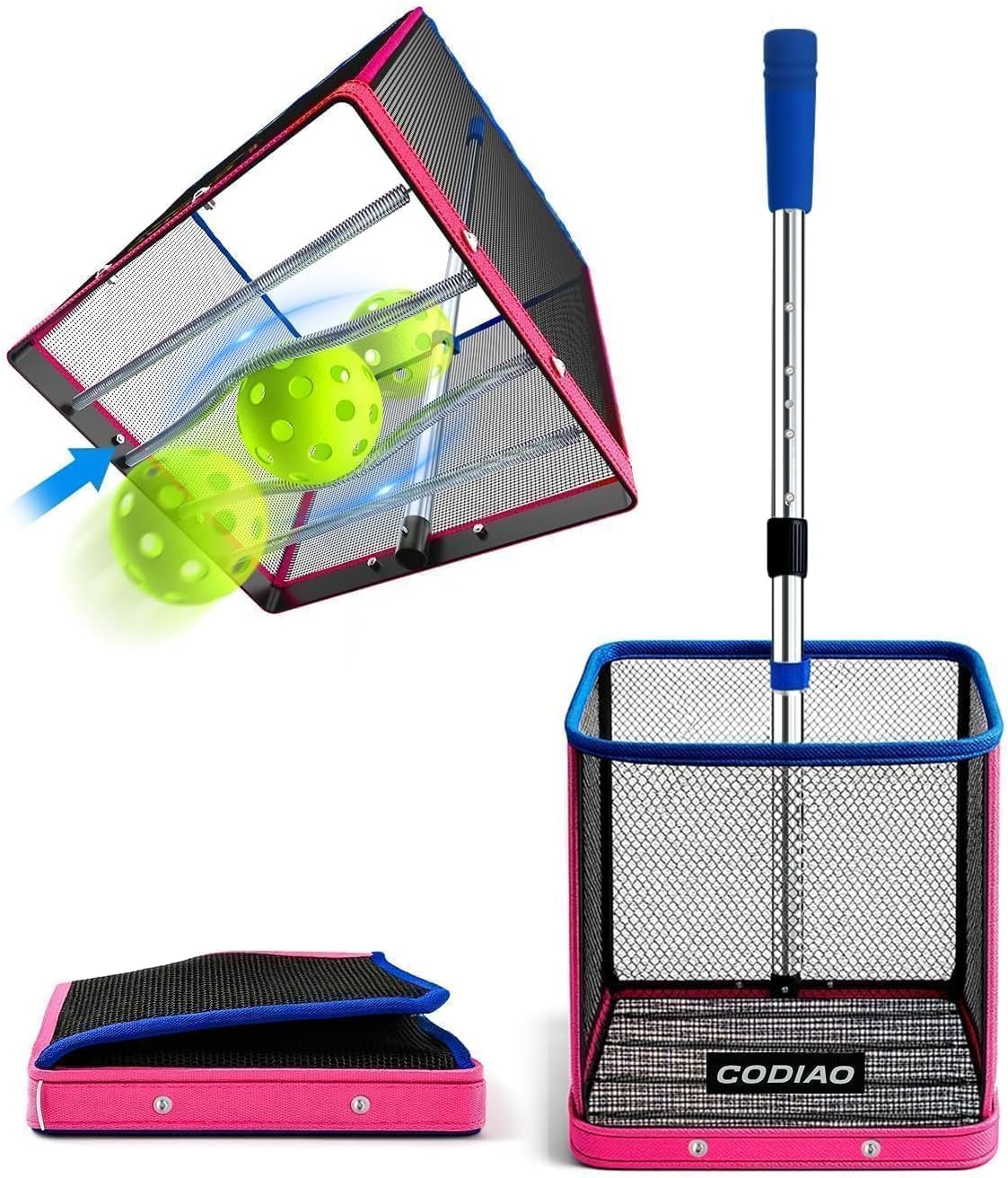 Pickleball Picker Upper 40+ Ball Capacity Hopper Holder, Foldable Basket with Telescopic Stainless Steel Handle, Quick Pickup No Bending Ball Retriever Collector, Portable for Court Training