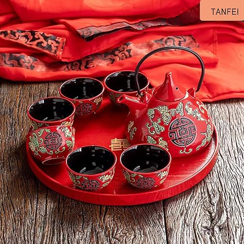 Miniatura 2 de Juego de té de cerámica tradicional chino de la boda retro rojo doble felicidad tetera taza de té recién casados regalo suministros de boda