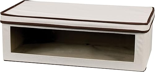 Caja de almacenamiento de lona natural con visor, borde marrón, de Household Essentials, mezcla de algodón, L