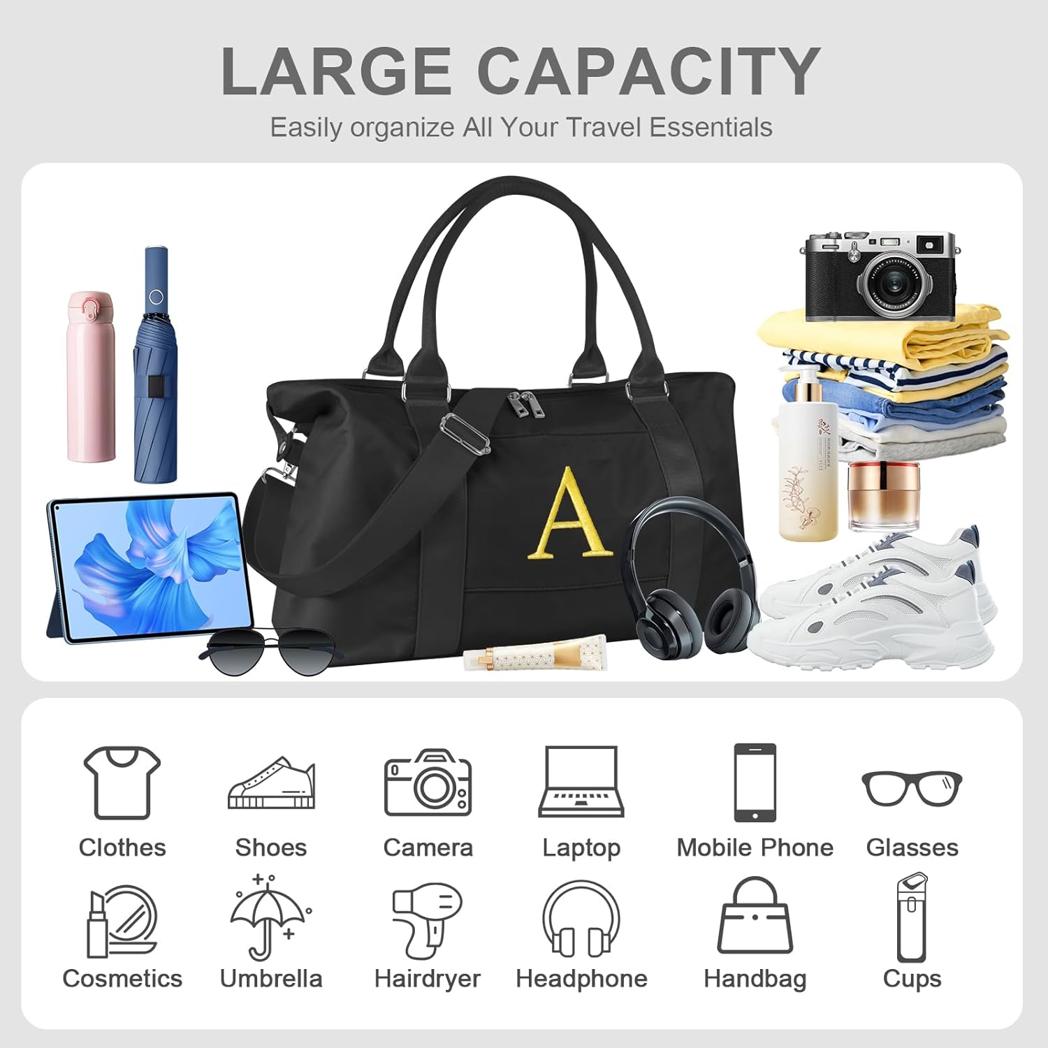 Personalized Initial Gym Dance Bag, Travel Duffel Bag for Teen Girls, Carry On Bag Overnight Weekender Bag with Trolley Sleeve, Birthday Gifts for Women Mom Daughter Graduation Gift(Letter A, Black) - Image 5
