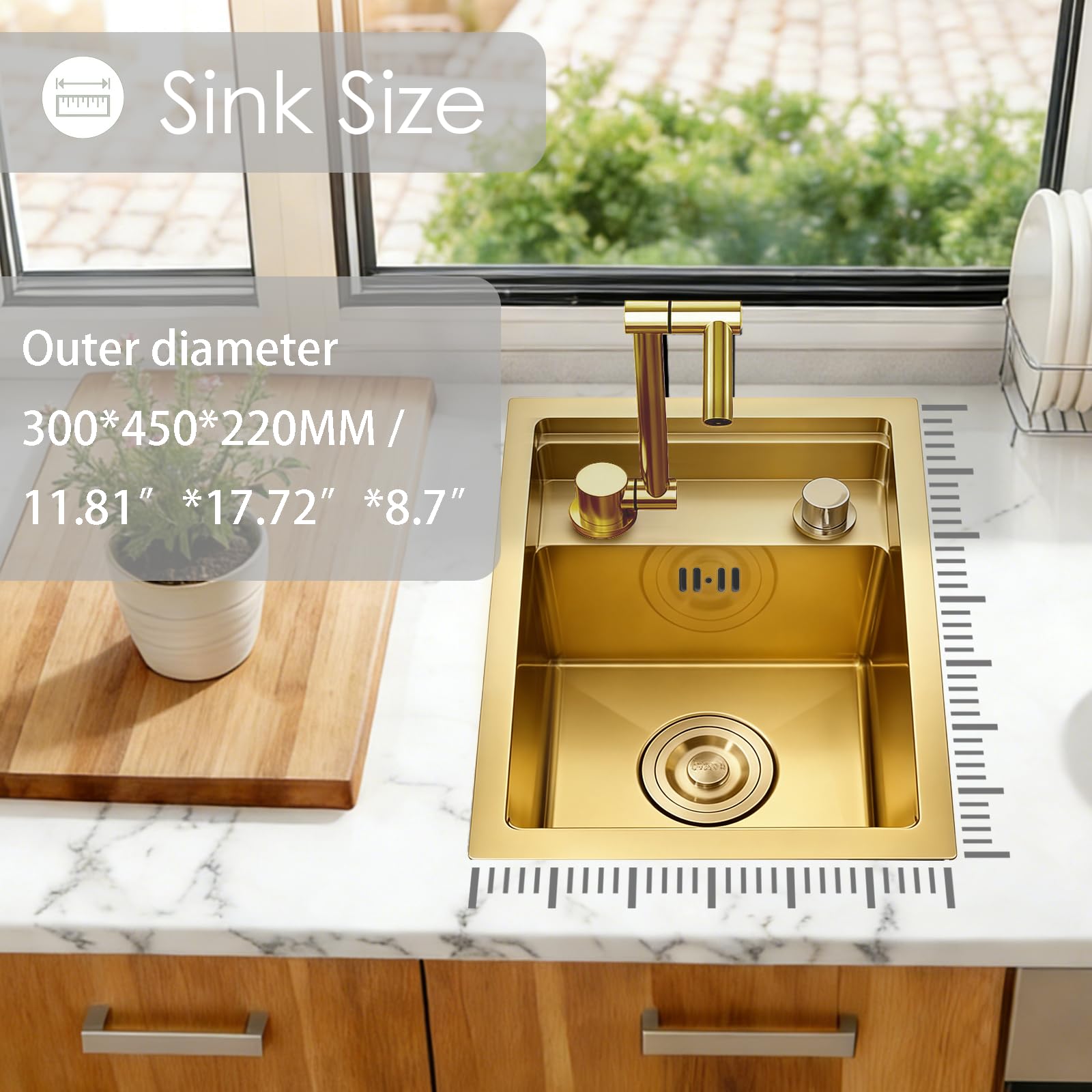 Gold Bar Évier de Bar de Cuisine Dissimulé Caché avec Robinet Pliable, 30 x 45 cm RV Small Stainless, Petit Lavabo en Acier de Calibre 16 Bac Simple Doré Pour Bars D'extérieur, Camping Car