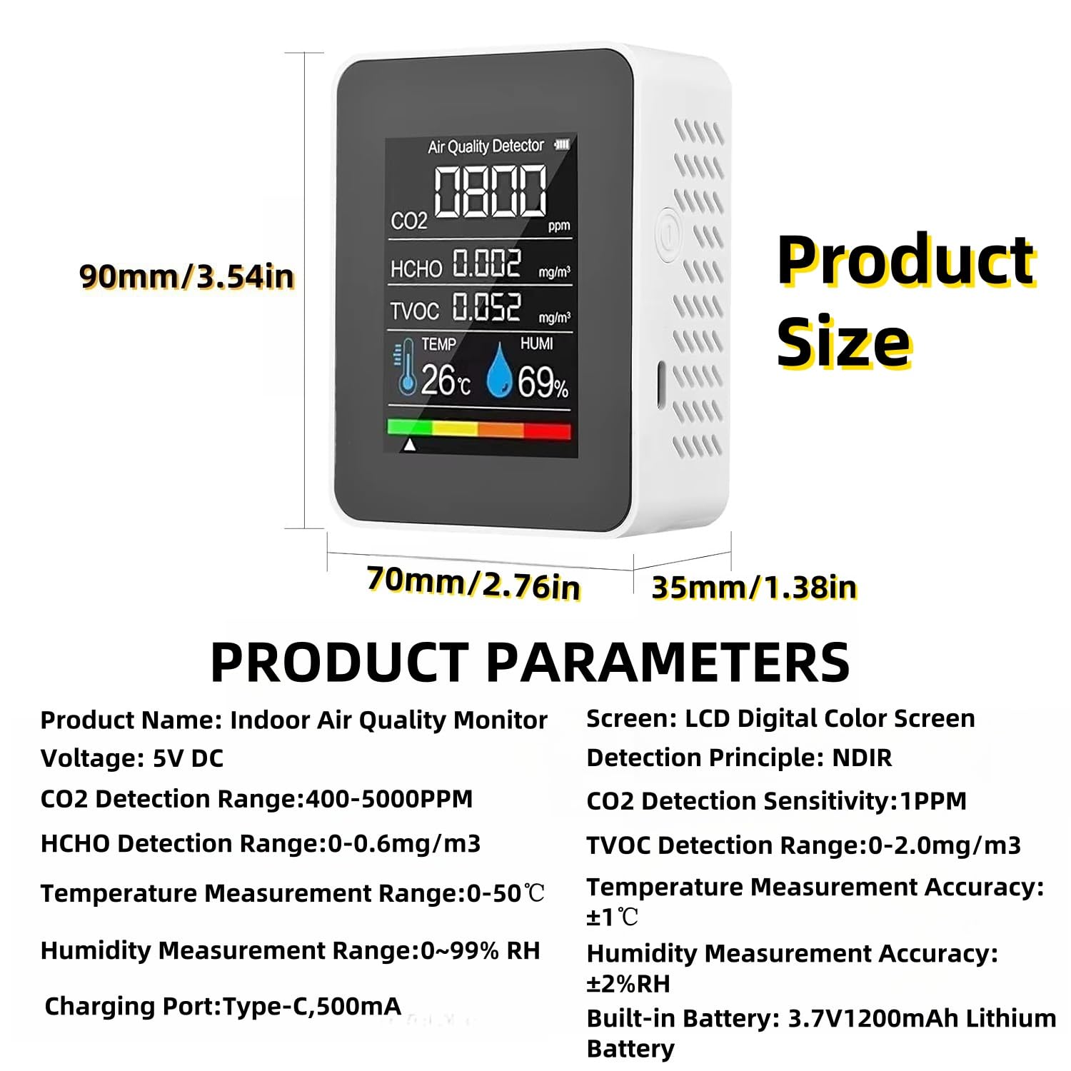 5-in-1 Luftqualitätsmonitor für den Innenbereich, professioneller tragbarer Detektor und genauer CO2-, HCHO-, TVOC-, Feuchtigkeits- und Temperaturanzeige, LED-Display, 2 Sekunden, für Zuhause, Büro
