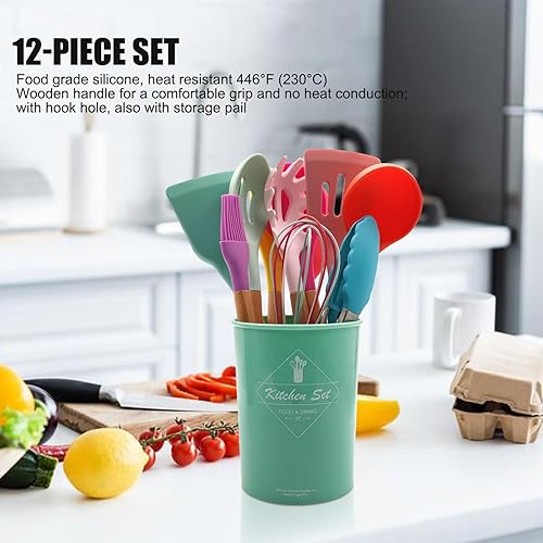 Miniatura 6 de Ismosm Juego de 12 utensilios de cocina de silicona con asas de madera maciza y un cubo de soporte (multicolor)