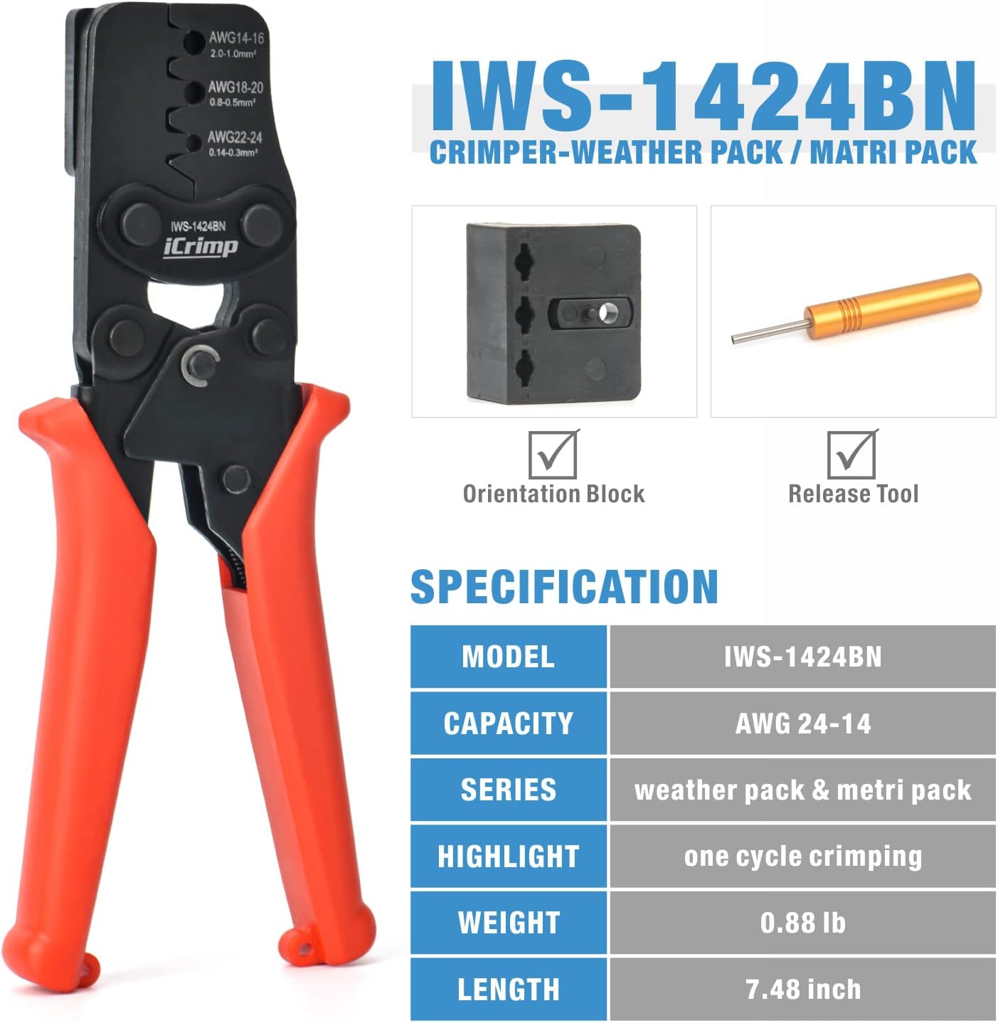 iCrimp Weather Pack Crimp Tool for AWG 24-14 Crimping Delphi APTIV Weather Pack Terminals or Metri-Pack Connectors- Crimp Terminals and Seal In ONE Cycle with Locator & Removal Extraction Tool
