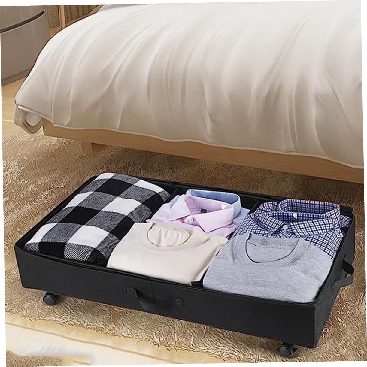 under Bed Storage Cart Wheels Oxford Cloth Black Bedding Clothing Organizer