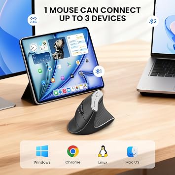 Wireless Vertical Ergonomic Optical Mouse 2.4G Bluetooth Wireless Vertical Mouse 4 Adjustable 1000/1600 / 2400/3200 DPI Wireless Mouse Compatible with Windows, Mac OS, Laptop, PC- Black
