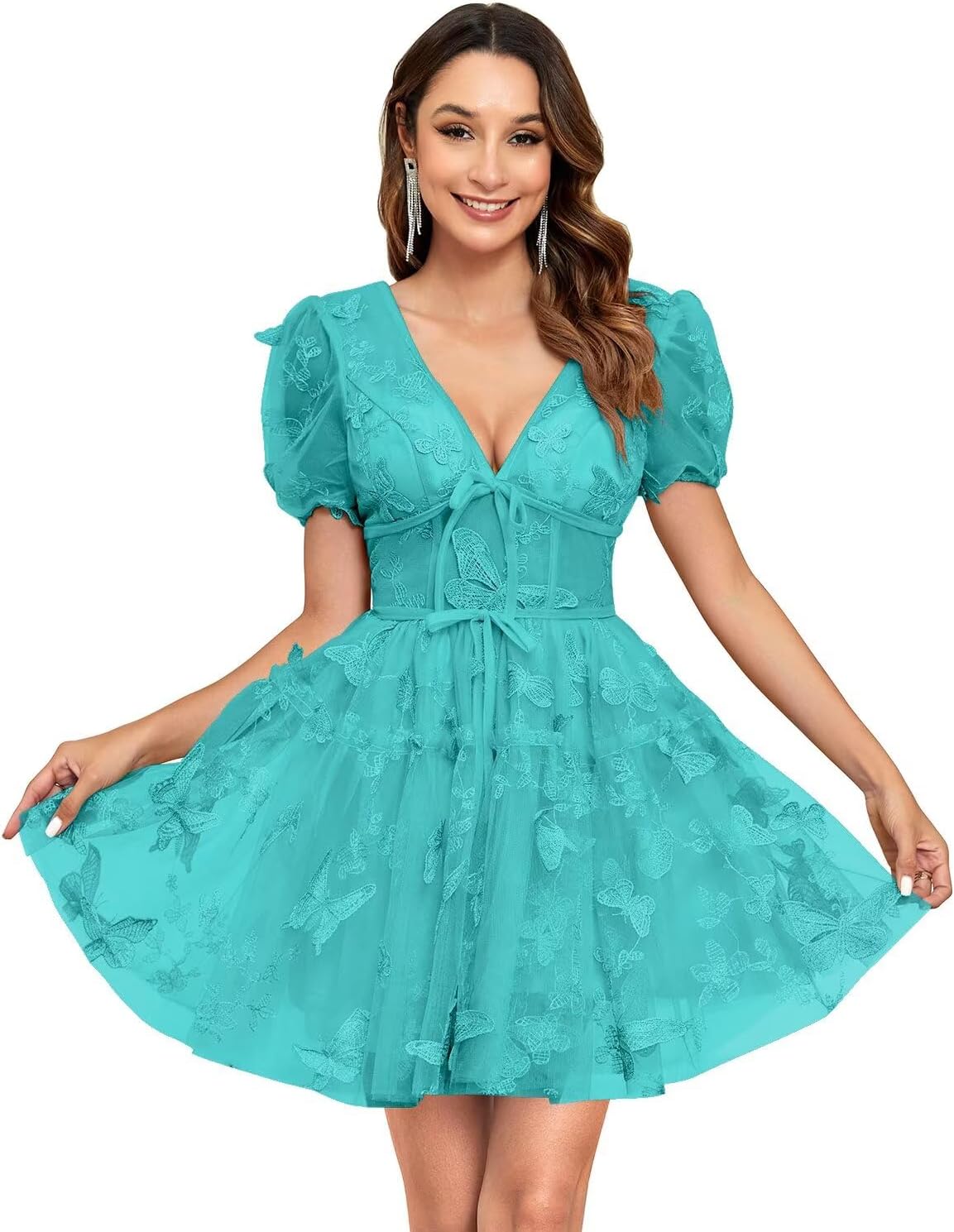 3D Butterfly Tulle Homecoming Dresses Short Teens Lace Appliques Puffy Sleeves Cocktail Party Gowns