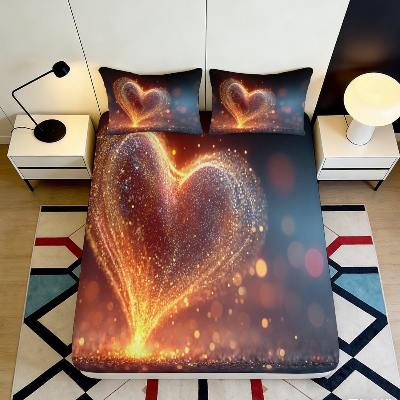 Uynsixtme Style-5 3D Printed Sparkling Heart Fitted Sheet Microfiber Deep Pocket Non-Slip Bedding Heart Mattress Fitted Cover Washable Home 140X200x25cm