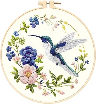 Hummingbird Embroidery Kits for Beginners with Flower Pattern