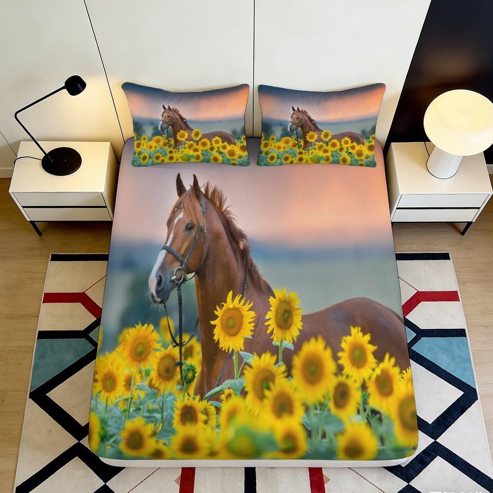 3D Printed Horse Sunflower Fitted Sheet Microfiber Soft Anti-Slip Bed Cover for Bedroom Guest Room Mattress Protection Decor 120x200x25cm