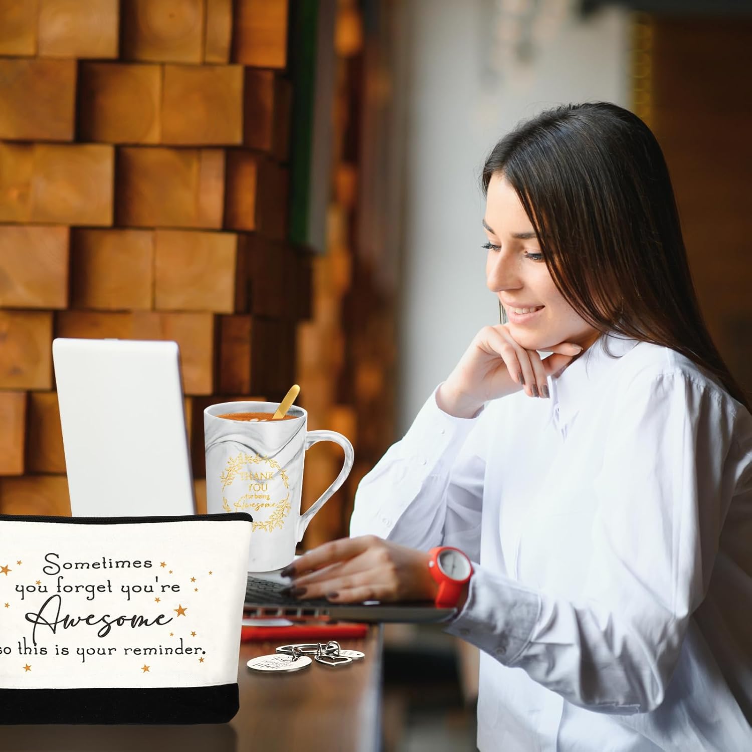 Hoolerry 3 Pcs Appreciation Gifts for Women Thank You Coffee Mug Cups with Lids Spoon Inspirational Cosmetic Bag Keychain for Teacher(Elegant Style) - Image 6