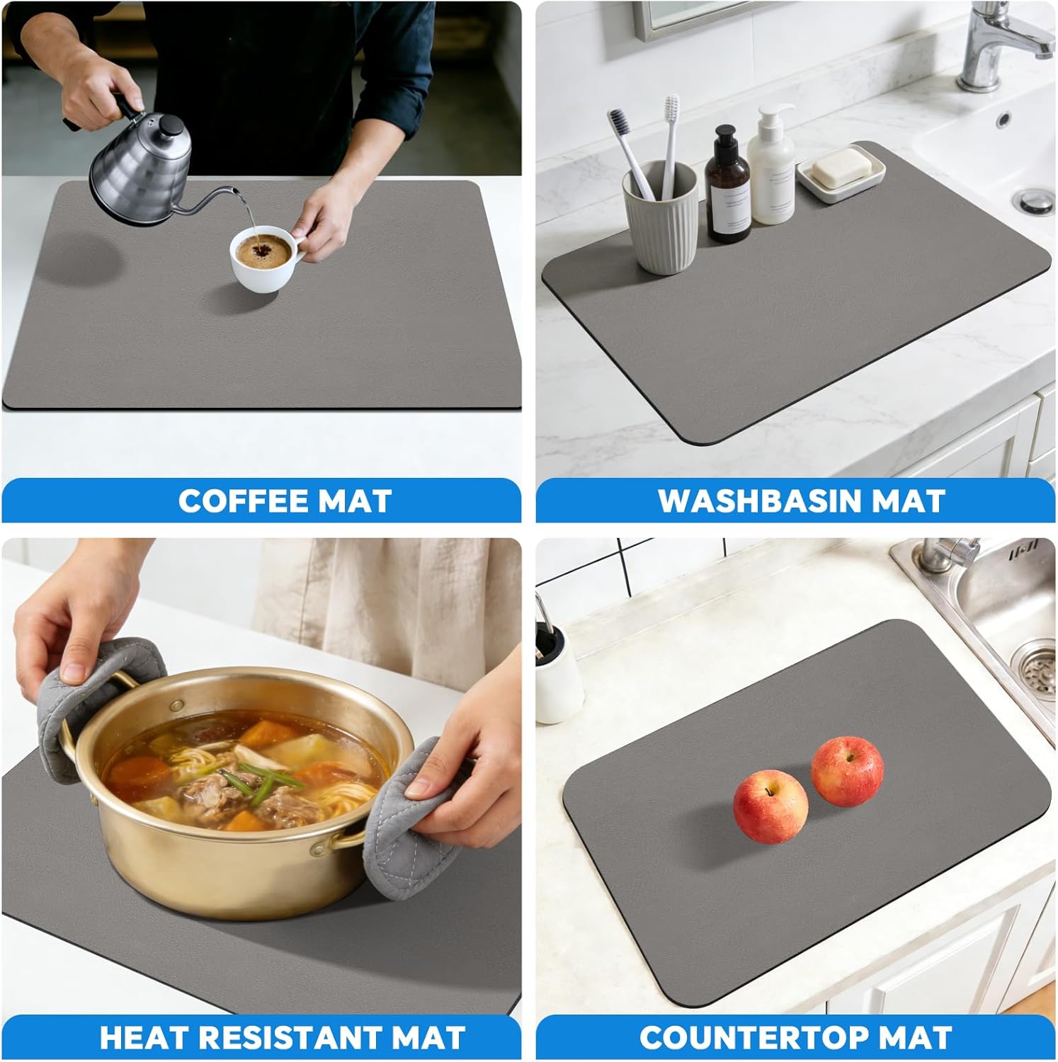 Dish Drying Mat for Kitchen Counter, Dish Drying Pad with Non-Slip Rubber Backed, Hide Stain Anti Absorbent for Kitchen Counter (Grey, 19" x 12")