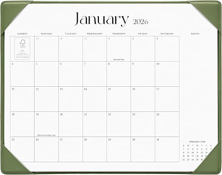 Cabbrix Desk Calendar 2026 with Desktop Mat, Simplified Medium Desk Pad Calendar 15" x 12" January 2026 to June 2027, Desk Blotter Calendar for Home School and Office Green