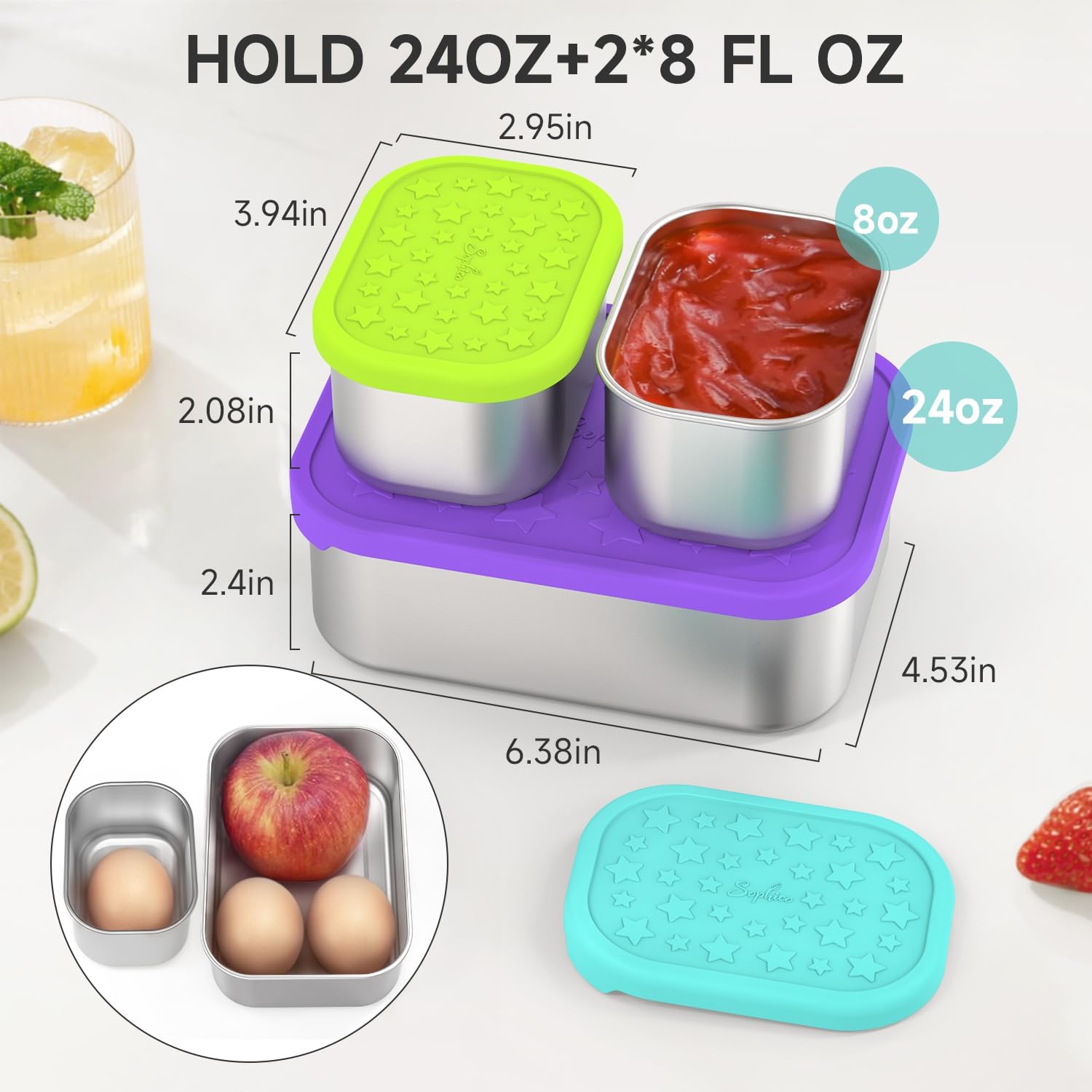 SOPHICO Stainless Steel 24 OZ Snack Containers for Kids?Food Storage Container with Silicone Lid - Perfect 304 Metal Toddler Lunch Box for Daycare and School, Leak Proof ?Purple? 24oz+8oz*2(Purple)