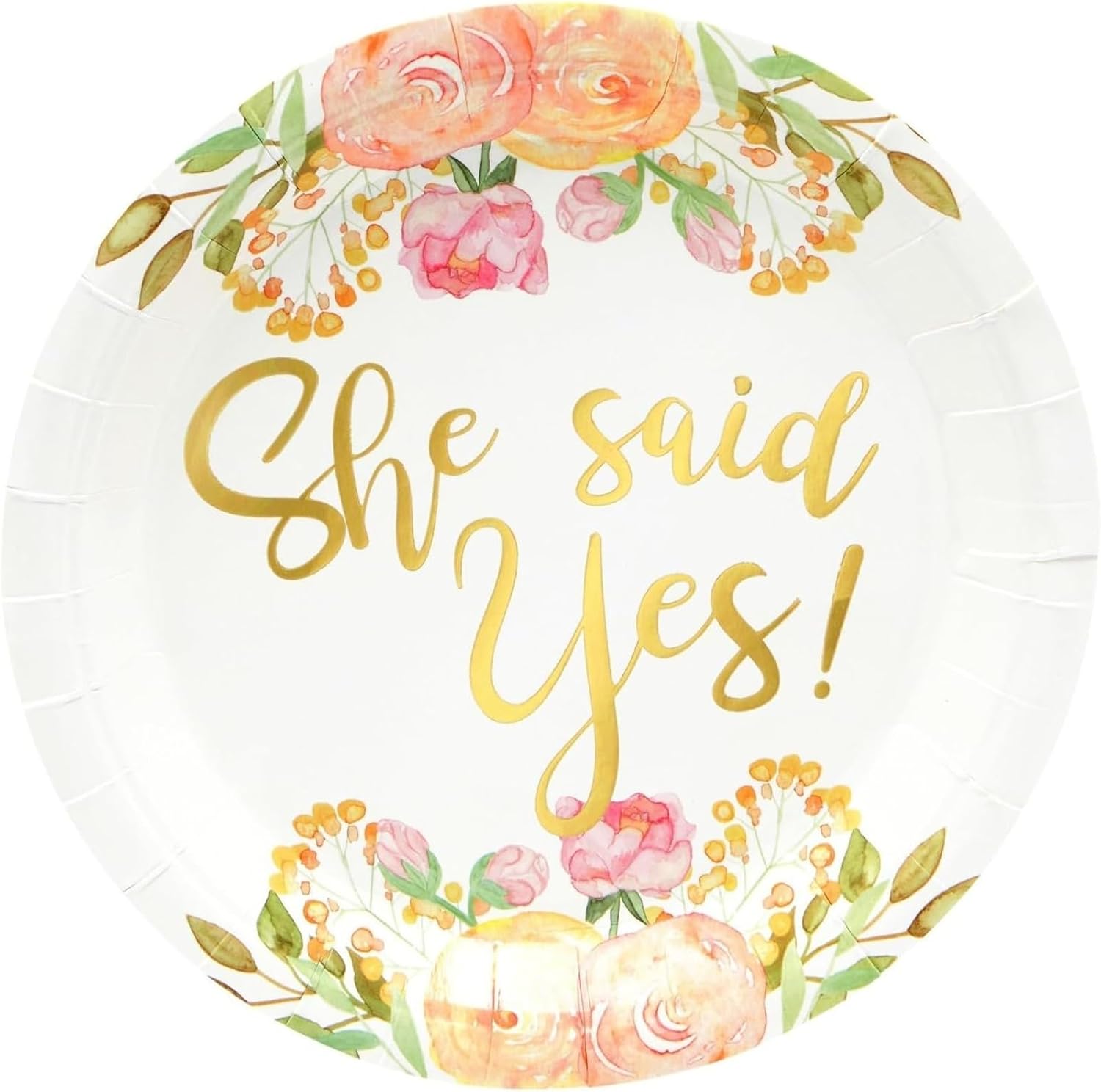 Sparkle and Bash Gold Foil Paper Plates - 9 Inch, White & Gold, 48 Count - She Said Yes Engagement Cake Plates & Floral Bridal Shower Party Pack (Pack of 2)