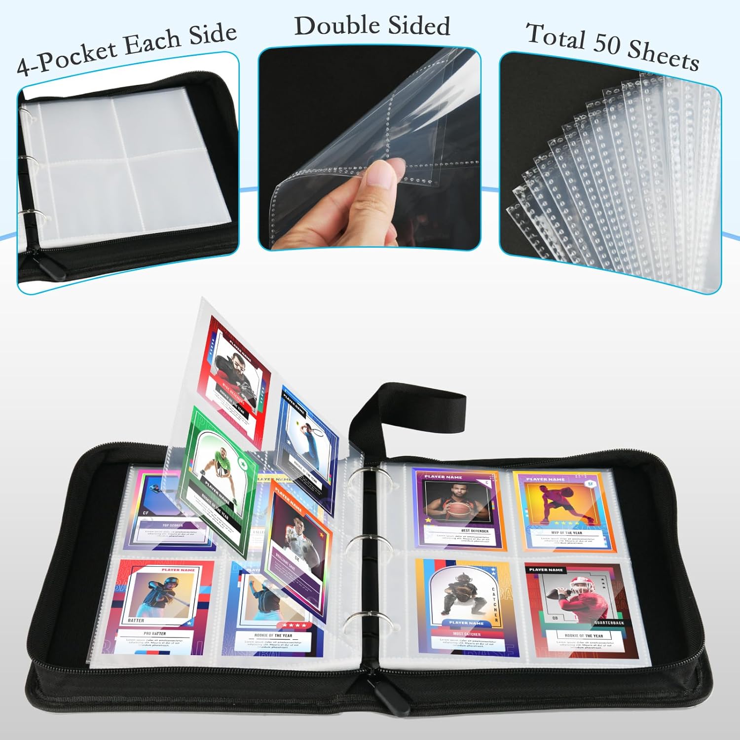 Trading Card Binder Card Collection Storage Album Display Sheet Holder Protector Sleeves Compatible with TCG Sports Basketball Baseball Cards, Double Sided, 100 x 4 Pockets (Baseball)