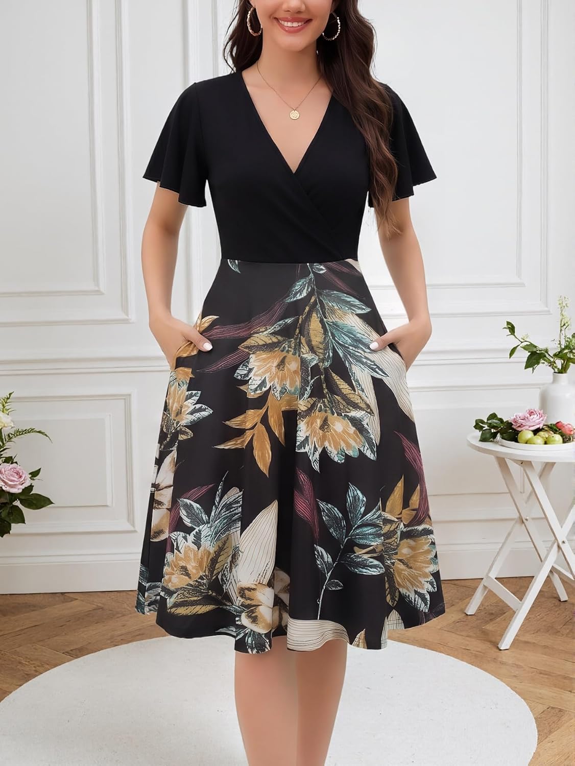 Women's Summer Dress 2026 Vintage Casual Office Professional Elegant Work V Neck A Line Knee Length Dresses with Pockets 560