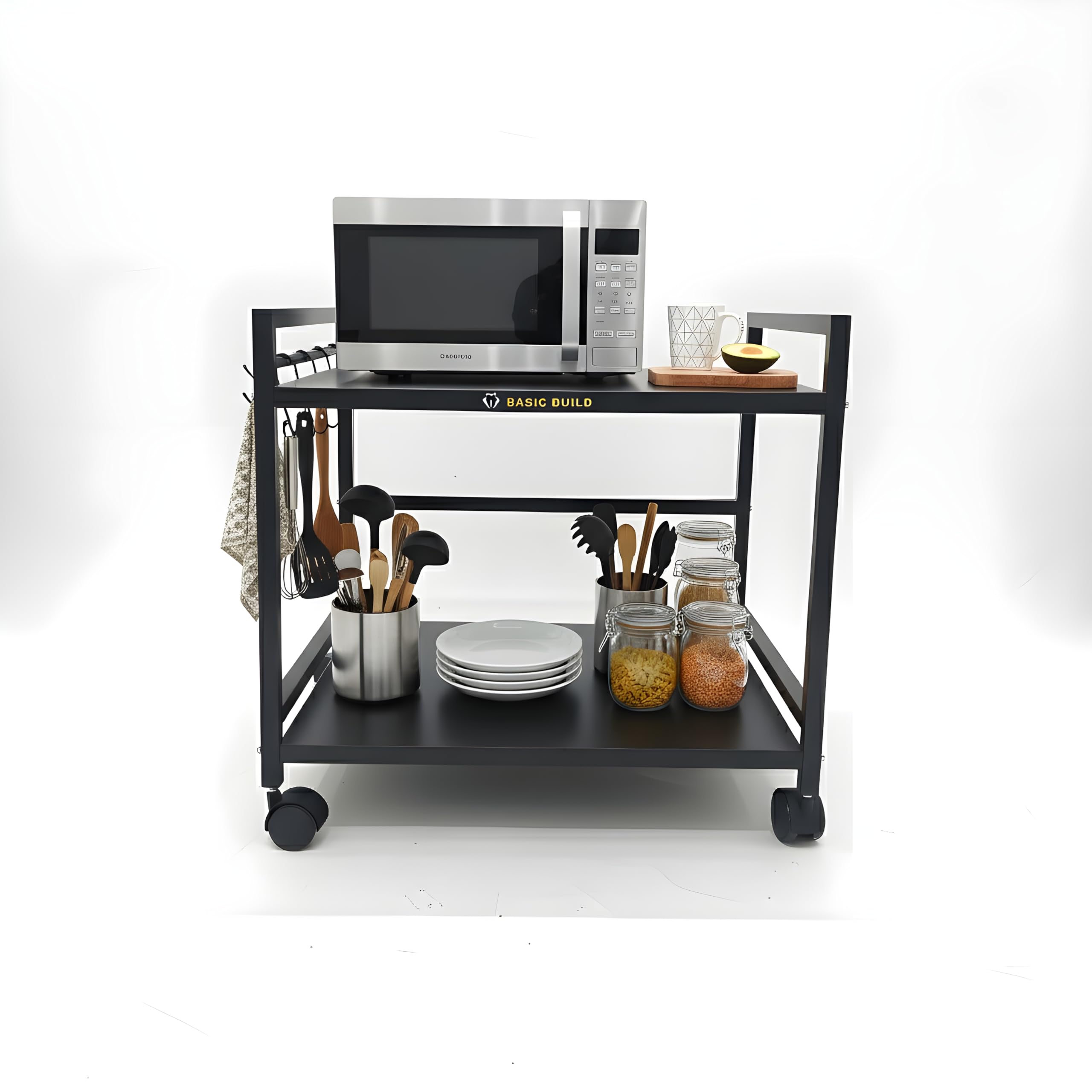 Heavy Duty 2-Tier Microwave Storage Rack | Metal Kitchen Trolley with Wheels for Oven, Mixer & Accessories-image-37