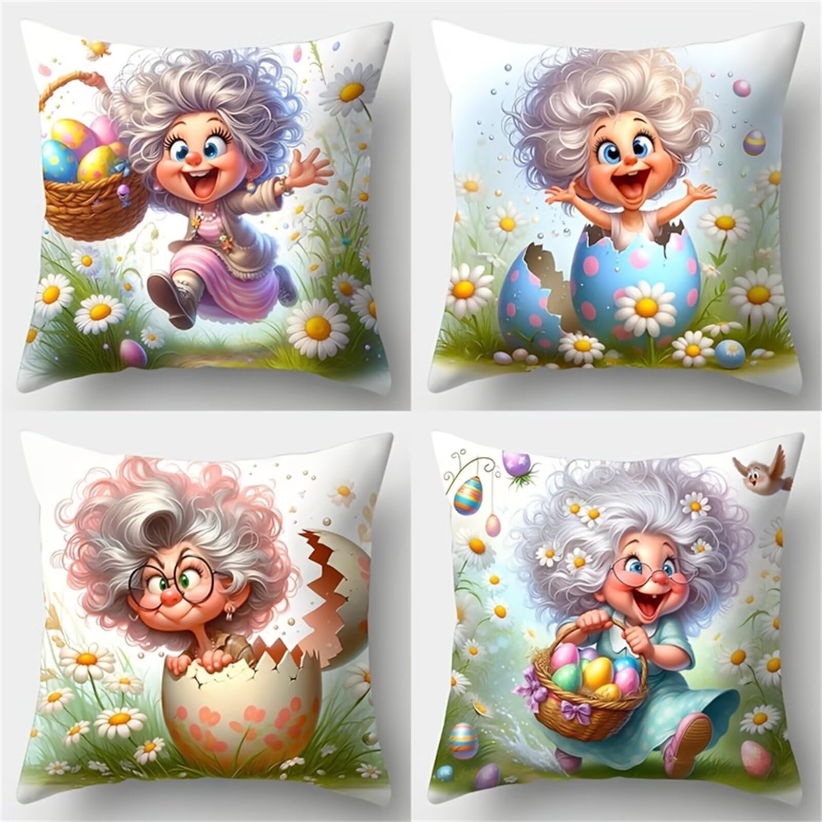 QiHon Cute Grandma Cushion Covers 30x30 cm Set of 4, Decorative Throw Pillow Cases, 12x12 inch Square Linen Pillowcases for Sofa Living Room Bedroo