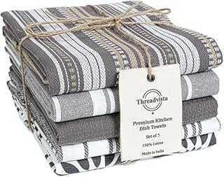 Cotton Kitchen Towels Set of 5 Grey Assorted Dish Towels 16x26 | Highly Absorbent, Quick-Drying, Waffle Weave, Towels with Hangloop, Lightweight Towels for Dishes, Glassware, Everyday Wiping