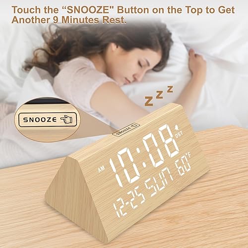 Miniatura 4 de DreamSky Digital Alarm Clocks for Bedrooms - Wooden Electric Clock with USB Ports, Date, Weekday, Temperature, 0-100% Brightness Dimmer, Adjustable